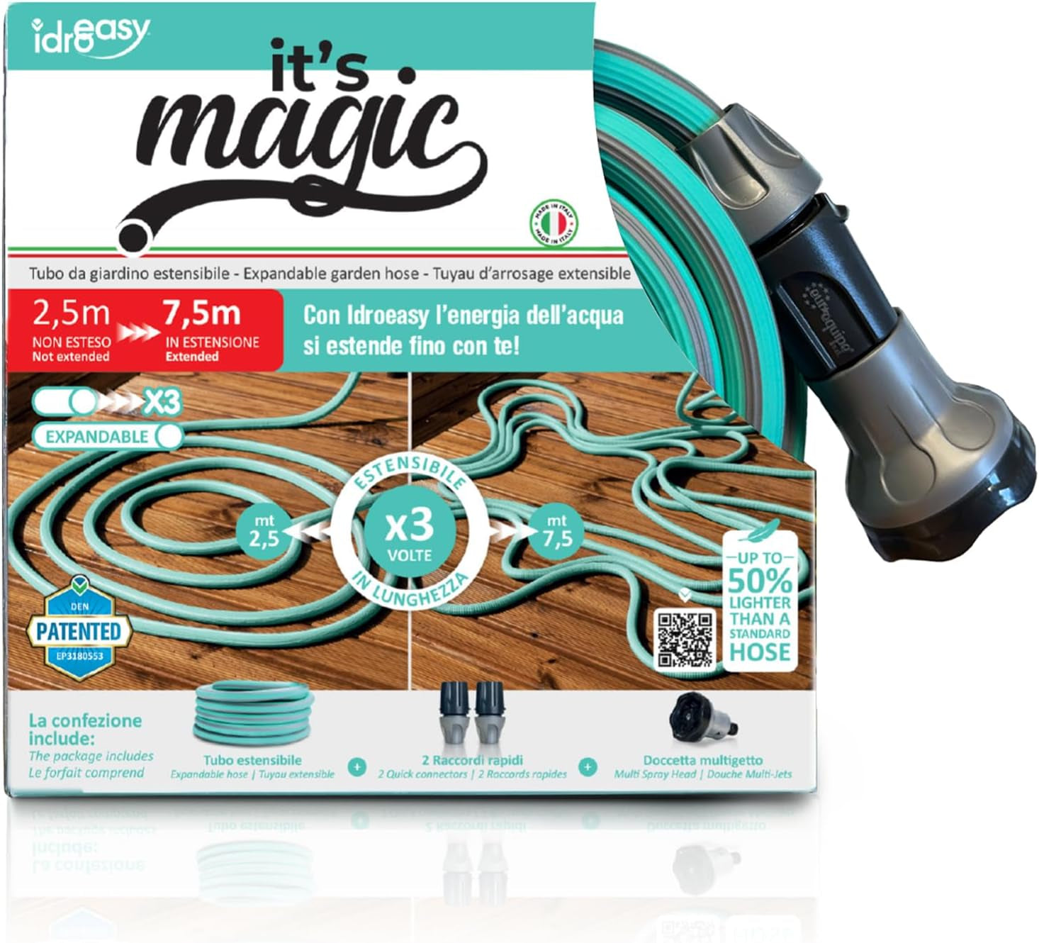 Zahradní hadice prodloužitelná až na 7,5 metru, 1/2" (12,5 mm), s ruční sprchou a 8 funkcemi, Idroeasy