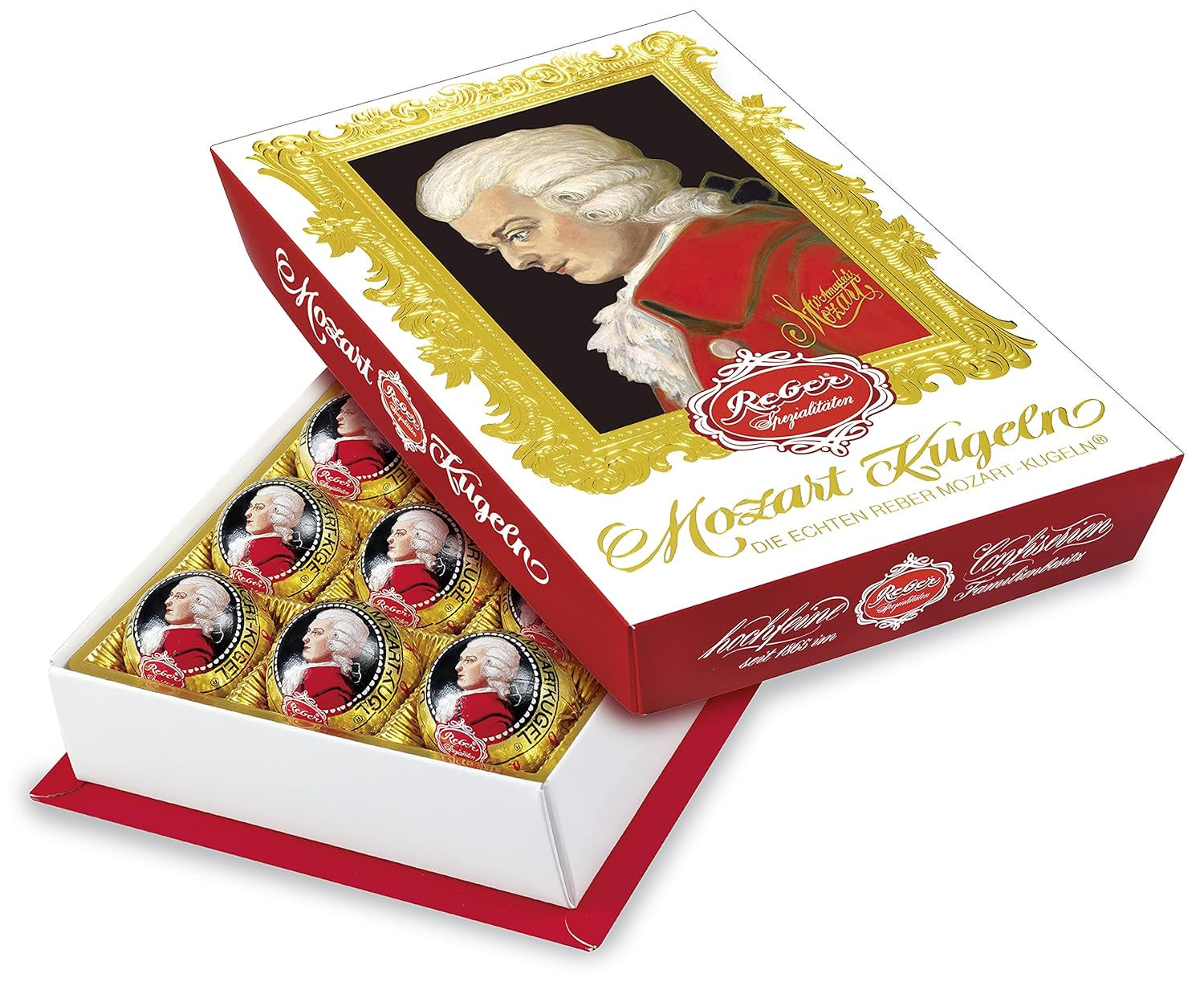 Reber Mozart kuličky s hořkou čokoládou, balení 6 ks s marcipánem a nugátem, veganské - 1 x 120 g