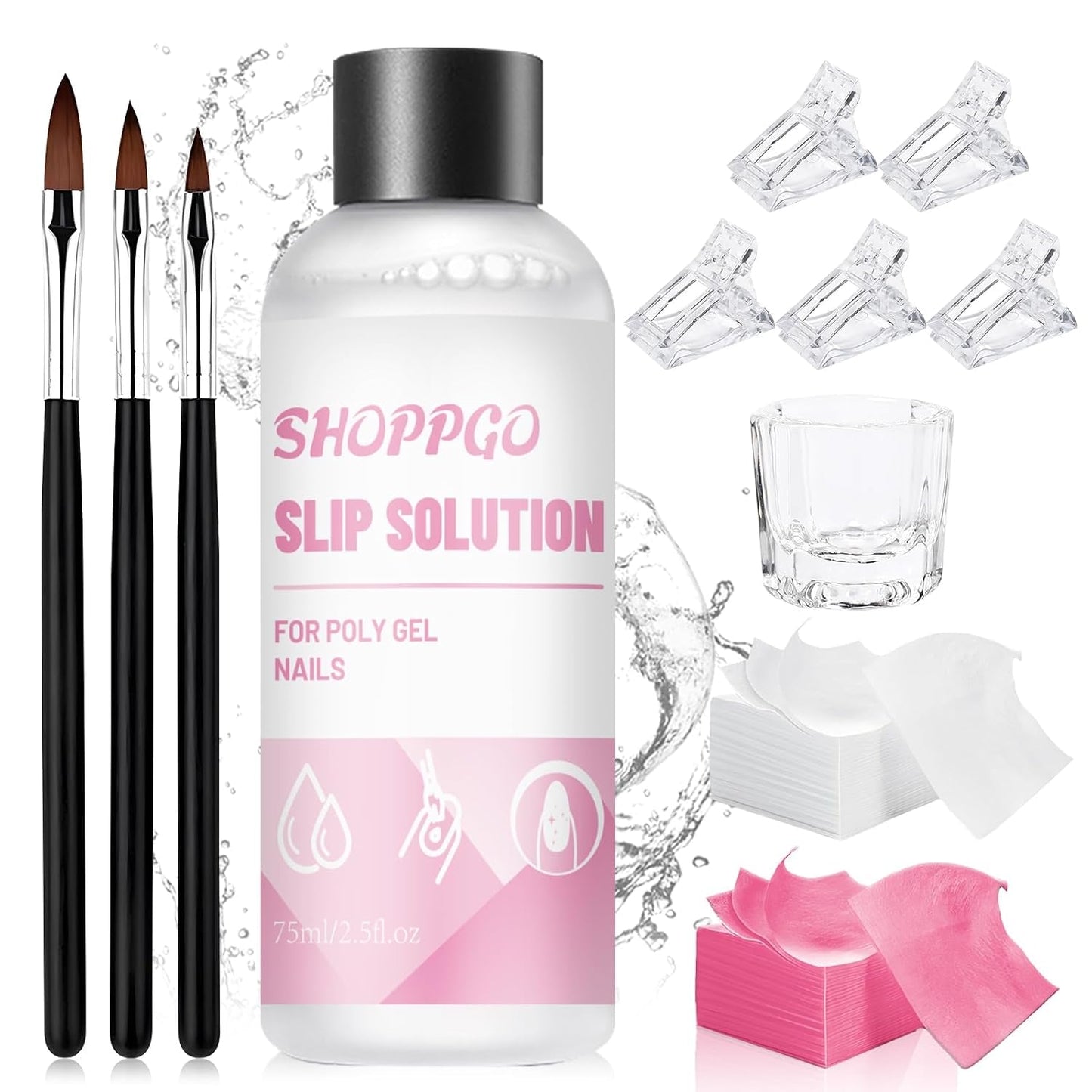 Polygelový roztok na nehty, sada na nehty Poly Gel Slip Solution, tekuté roztoky na nehty Polygel 75 ml, 5 klipů na nehty, 3 kartáčky na nehty, 1 křišťálový kelímek, 100 čisticích listů