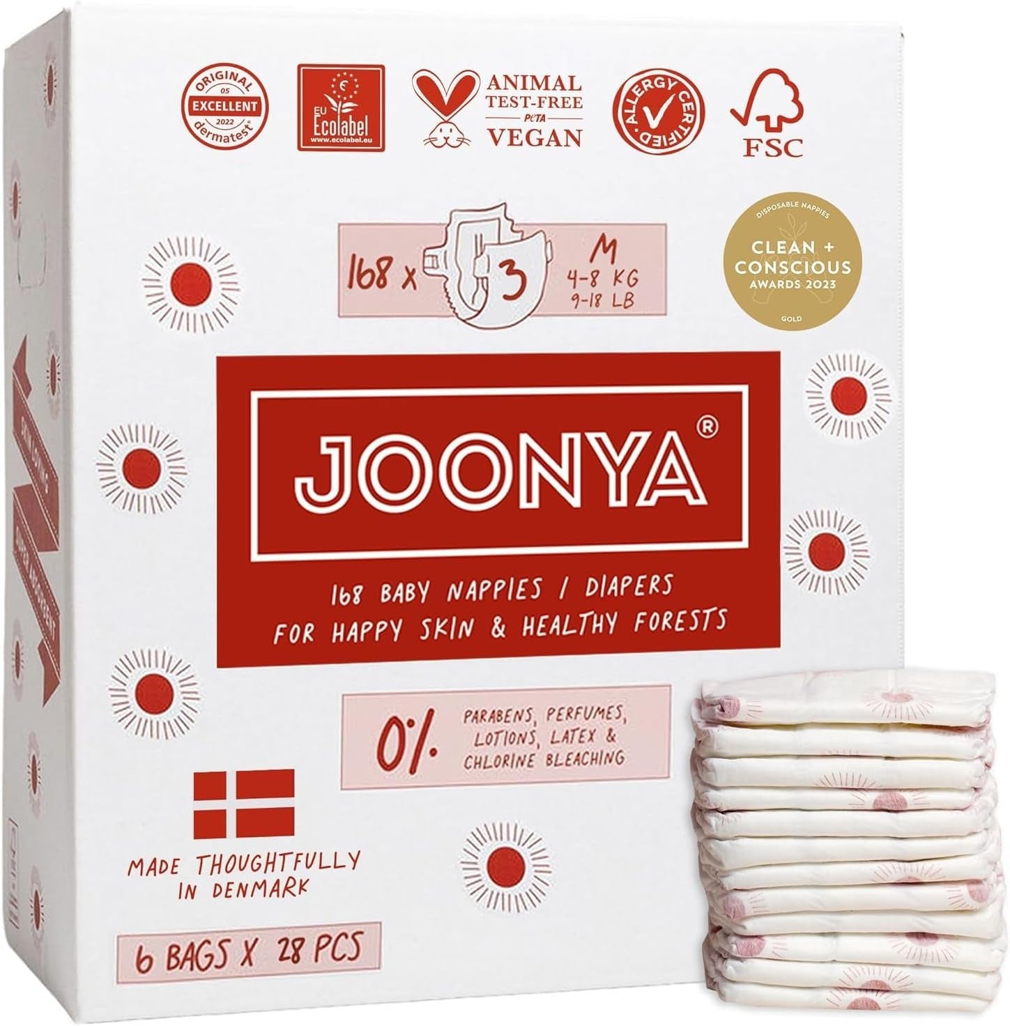 Dětské plenky, velikost 3M (4-8 kg) - 1 pytel po 28 - Bez škodlivých látek, ekologické, vysoce savé, vhodné pro noční použití, ultratenké a měkké - Vyrobeno v Dánsku