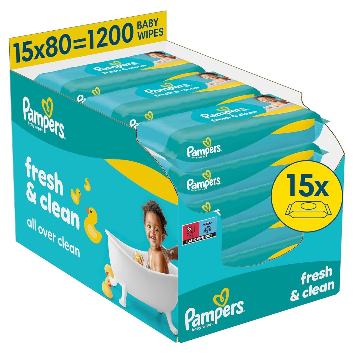Vlhčené ubrousky Pampers Fresh Clean, 15 balení po 80 ubrouscích, celkem 1200 ubrousků, lehká vůně, vhodné i na ruce a obličej