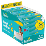 Vlhčené ubrousky Pampers Fresh Clean, 15 balení po 80 ubrouscích, celkem 1200 ubrousků, lehká vůně, vhodné i na ruce a obličej