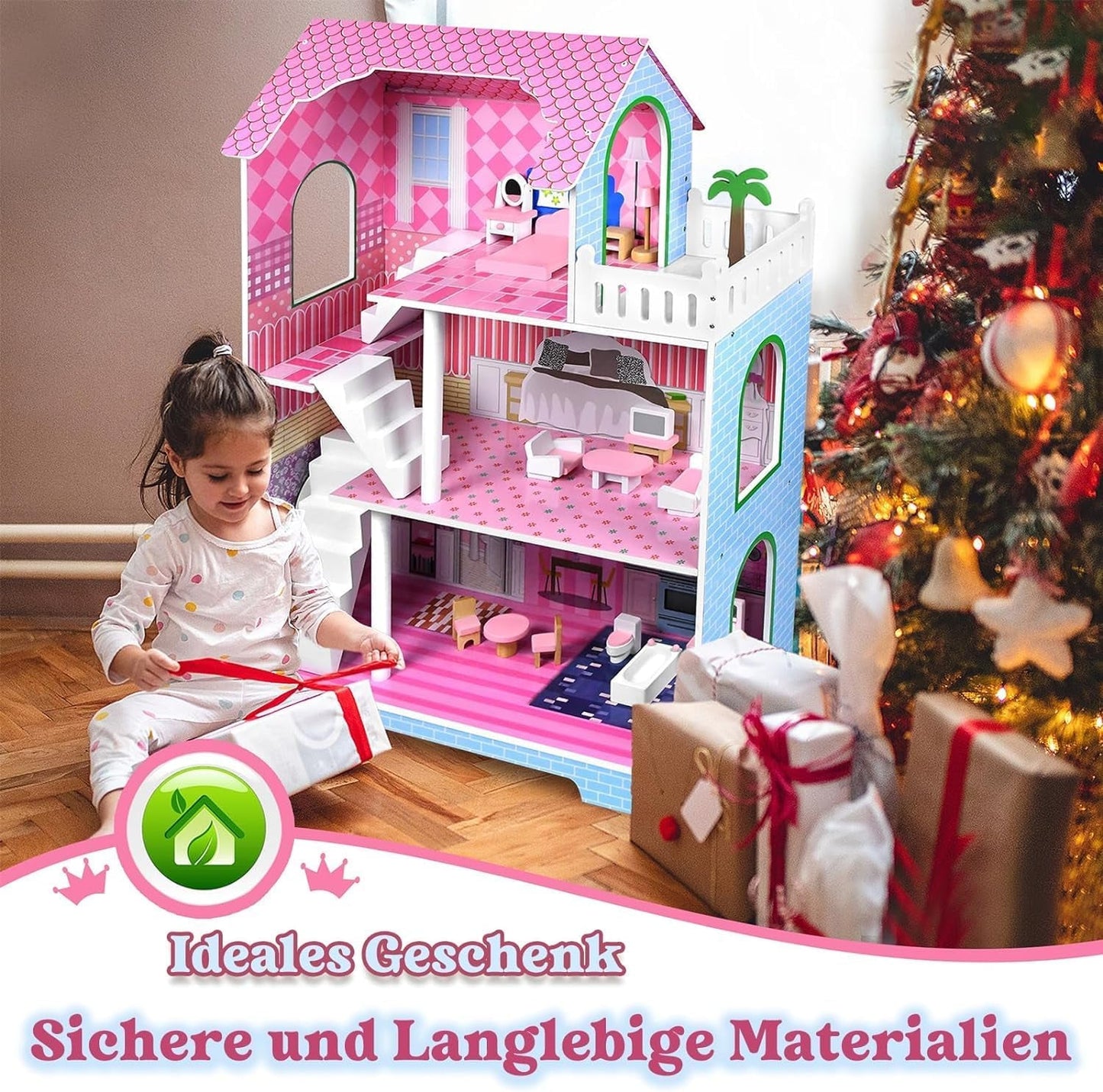 HENGMEI Puppenhaus Kinder Holz Puppenvilla Set domečku pro panenky Mädchen Spielset 3 Etagen Haus mit Möbeln und Zubehör, 70x30x100cm Puppenhäuser für Kinder (Typ B)