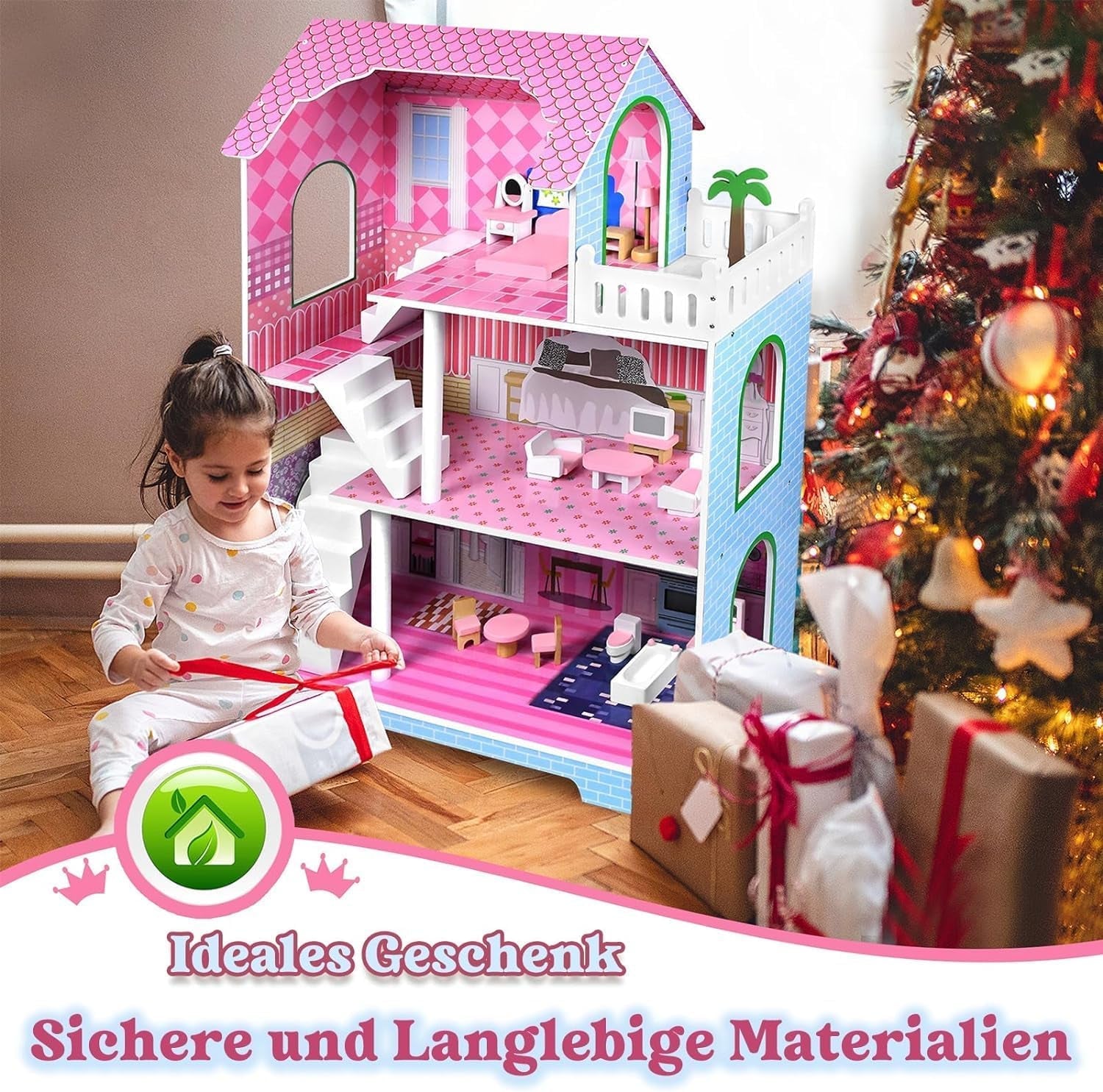 HENGMEI Puppenhaus Kinder Holz Puppenvilla Set domečku pro panenky Mädchen Spielset 3 Etagen Haus mit Möbeln und Zubehör, 70x30x100cm Puppenhäuser für Kinder (Typ B)