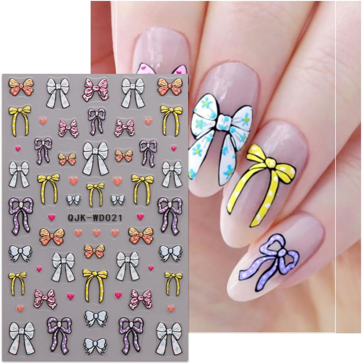 JMEOWIO Nálepka na nehty Bunte Herz Schleife 6 Blatt Nálepka na nehty Selbtklebend Nagelaufkleber Dekoration Nageldesign Zubehör