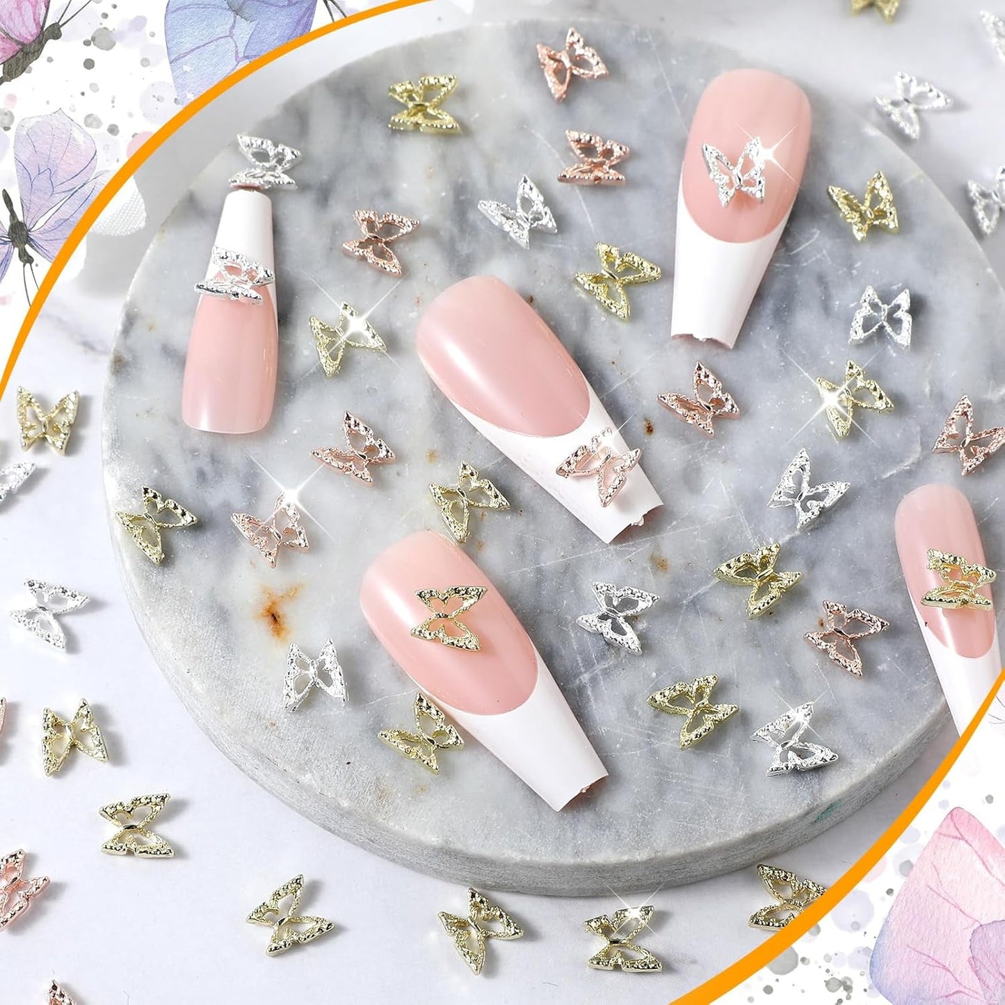80ks 3D Butterfly nail Charms Alloy Butterfly Gold Silver Glitter Nail Art Dekorace Příslušenství na nehty DIY Manikúra pro ženy