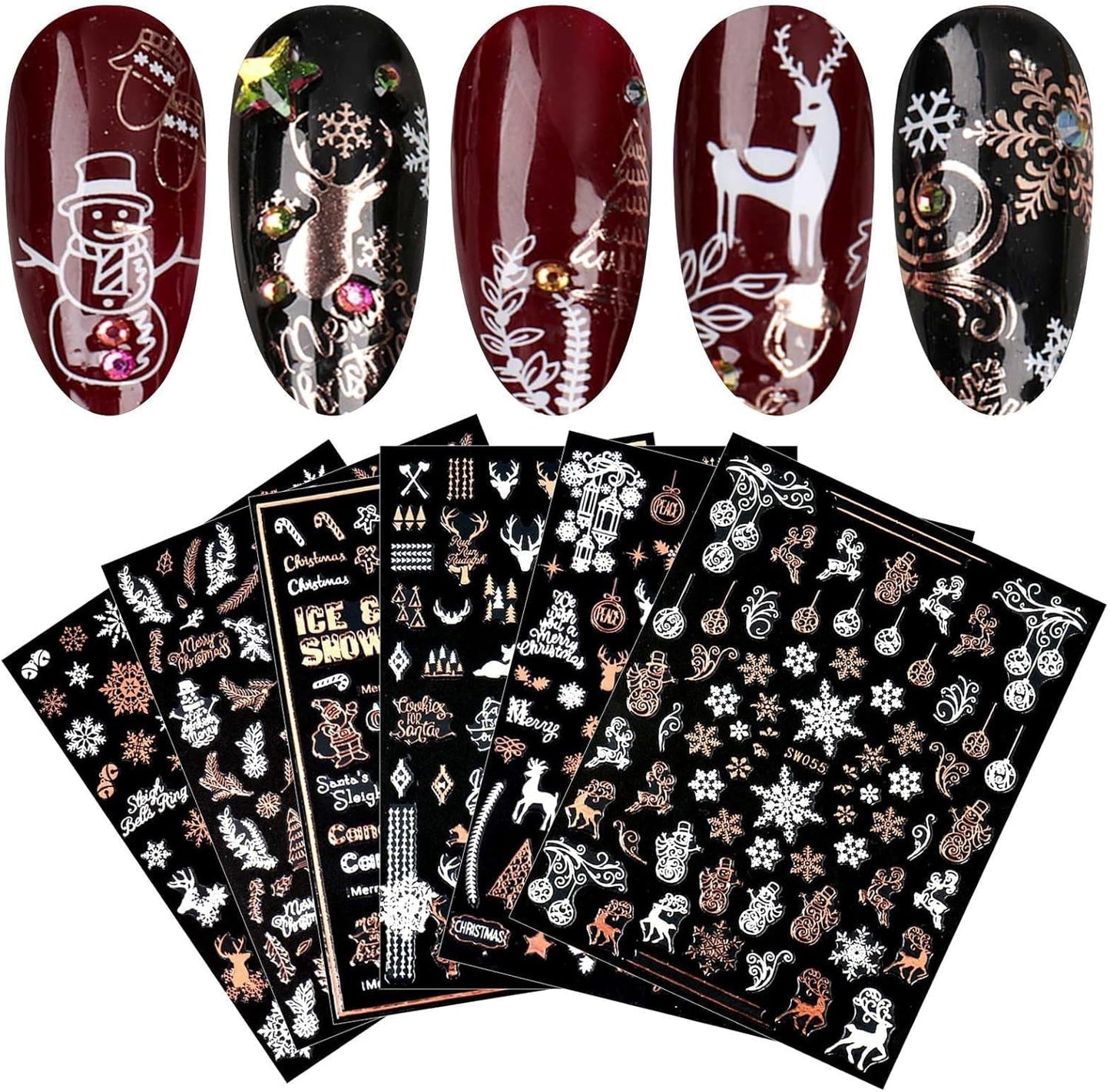 9 Blatt Nagelsticker Weihnachten Nagelaufkleber Selbtklebend Weiß Rentier Schneemann Samolepka na nehty Dekoration Nageldesign Zubehör