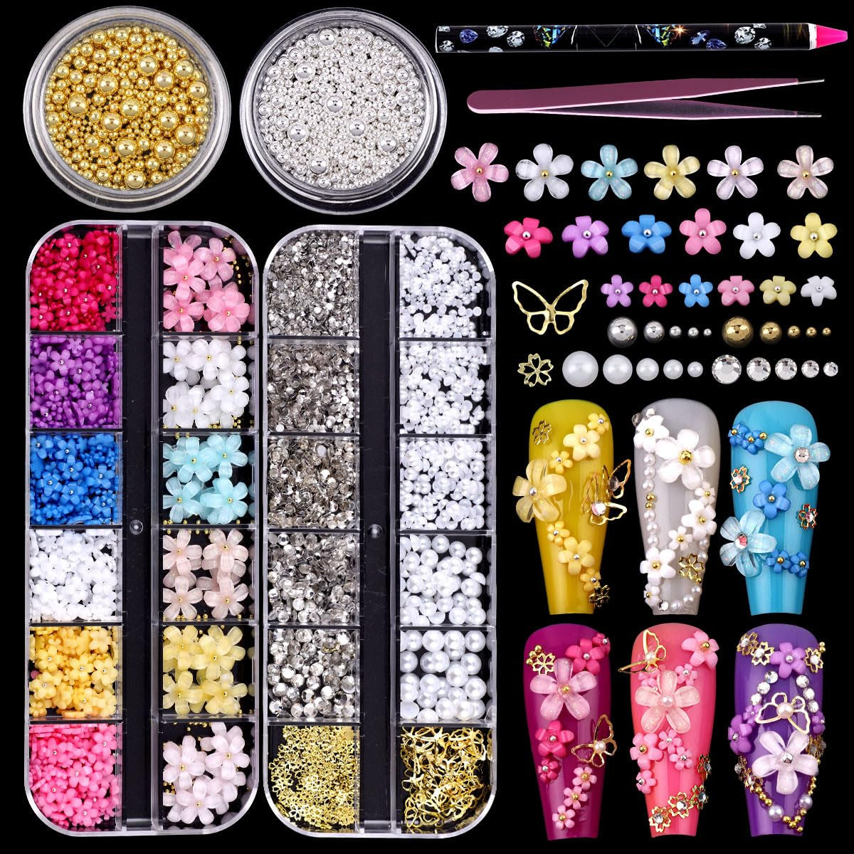 GZMAYUEN 920Pcs Zlatá Stříbrná Perlen s plochým zády pro nehty, Halbrunde Weiße Beige Perlen na nehty, Kleine Halbrunde Perlen s plochým zadním dílem Für DIY Nail Art Decor