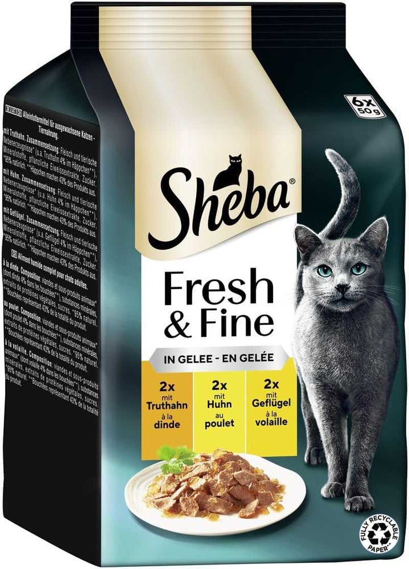 Sheba Portion Sáčky Mokré krmivo pro kočky, čerstvé a jemné Krůtí a kuřecí želé více balení, 6x6x50g - Vysoce kvalitní Krůtí a kuřecí želé pro kočky