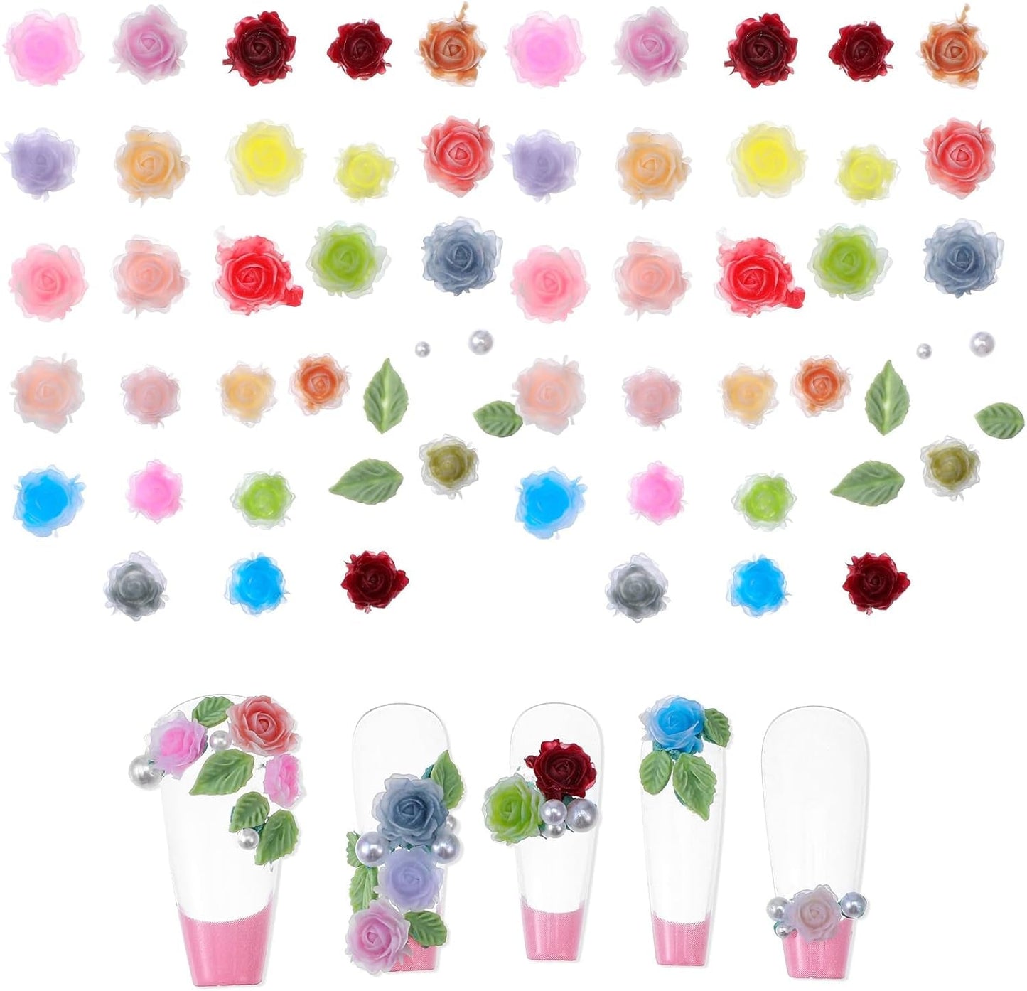 300 Stück Niedlich Blume Přívěsky na nehty, 3D pryskyřice Květinová Camelie Rose Nägel Charms Mit Perle, Gemischt Größe Bunte Flower Nägel Deko Für Frauen Nail Art Zubehör