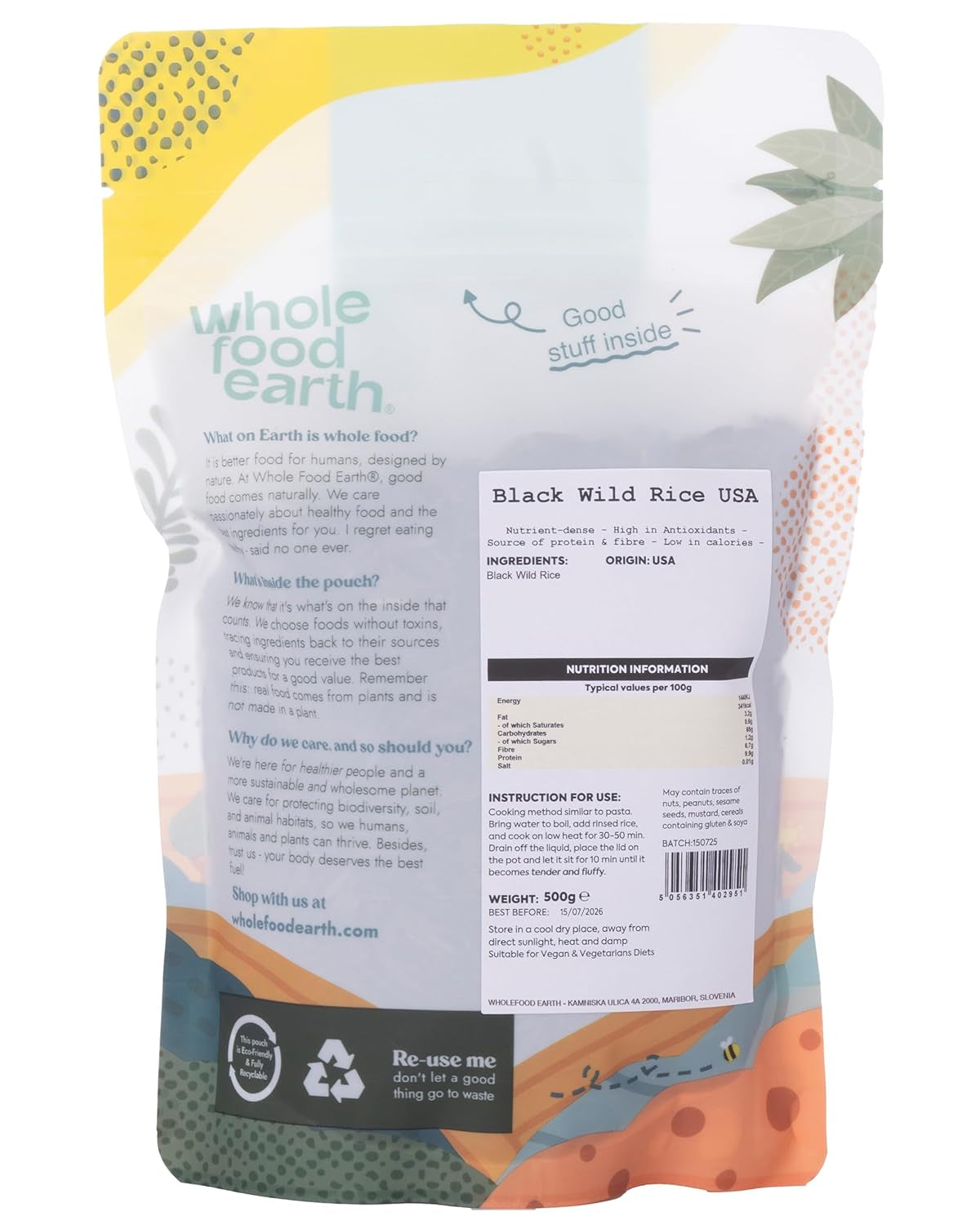 Wholefood Earth USA Černá divoká rýže - Bez GMO - Přírodní - Vegan - Bez mléka - Bez přidaného cukru, 500 g