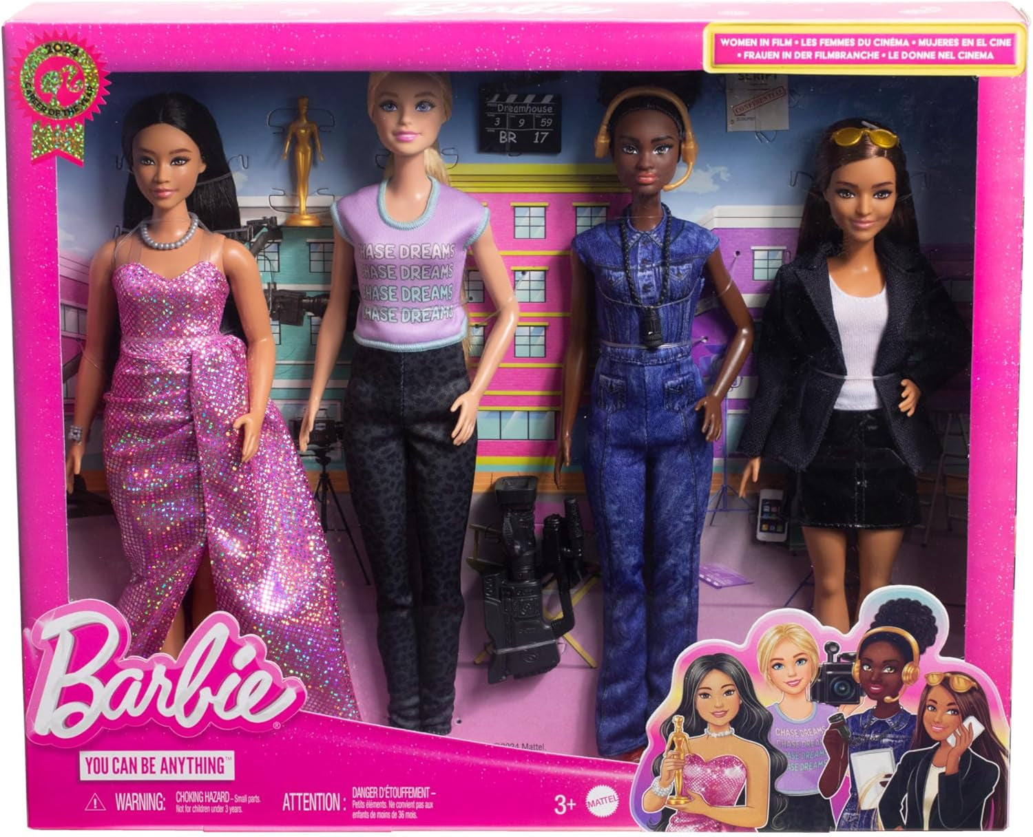 Barbie Berufe-Set se 4 loutkami a zuby, ženy ve filmové pobočce se studiovým oblečením, Regisseurin, Kamerafrau a filmová hvězda v oblečení Ausziehbaren, HRG54