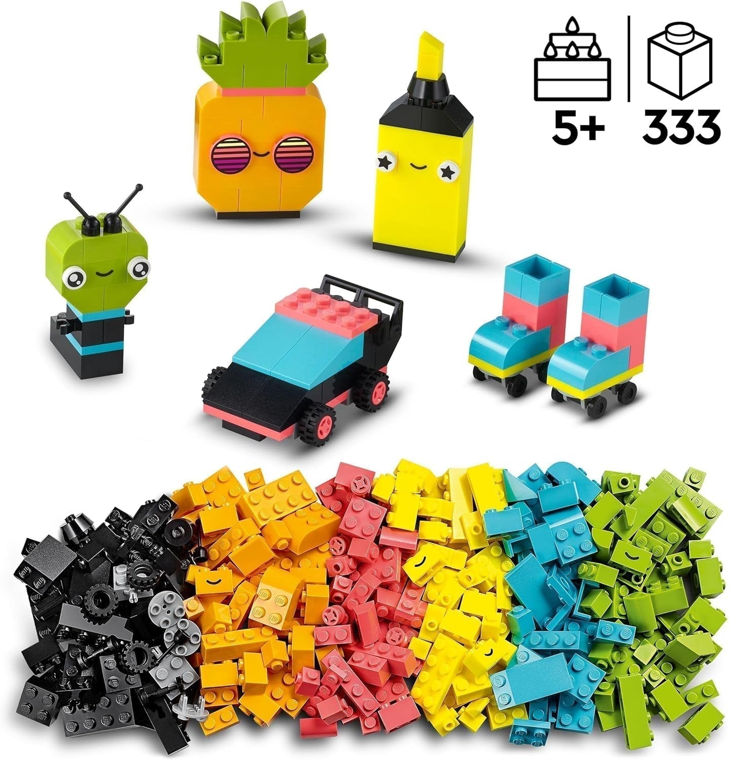 LEGO 11027 Classic Neon Kreativní stavebnice, Stavebnice, Stavebnice s modely: auto, ananas, mimozemšťan, kolečkové brusle, figurky a další, pro děti od 5 let Stavebnice Besuche den LEGO-Store