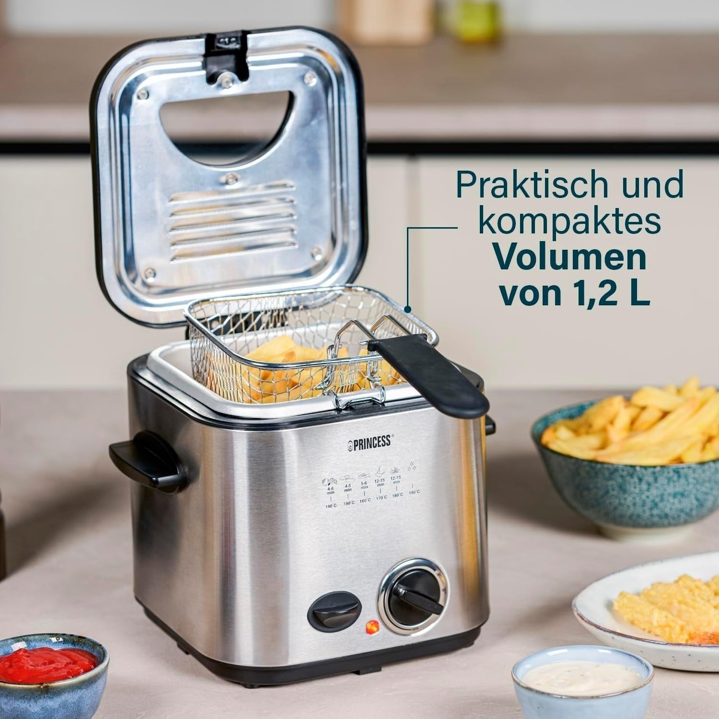 Princess 182611 Mini Fondue Fritéza - Rychlý ohřev - Pachový filtr - Kapacita 1,2 litru, Stříbrná domácí spotřebiče Naty Shop