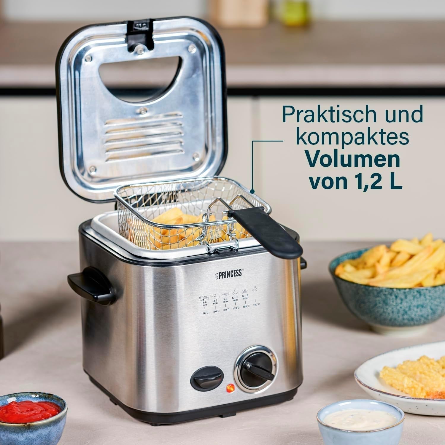 Princess 182611 Mini Fondue Fritéza - Rychlý ohřev - Pachový filtr - Kapacita 1,2 litru, Stříbrná domácí spotřebiče Naty Shop
