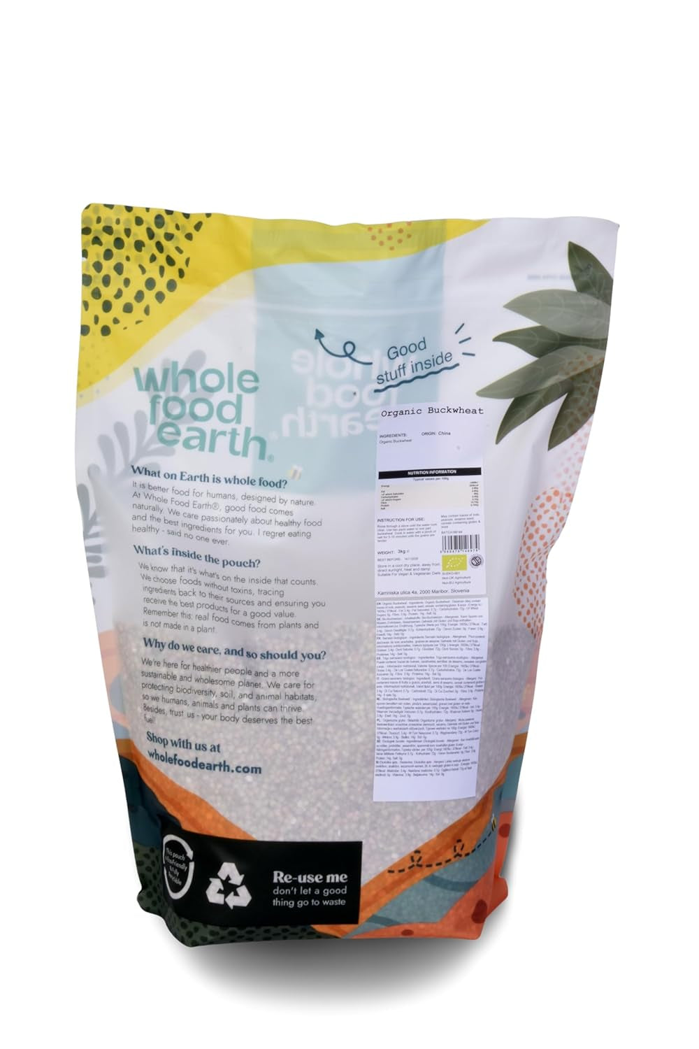 Wholefood Earth Organic Pohanka - 3 kg - Bez GMO - Vegan - Vysoký obsah vlákniny - Certifikované BIO