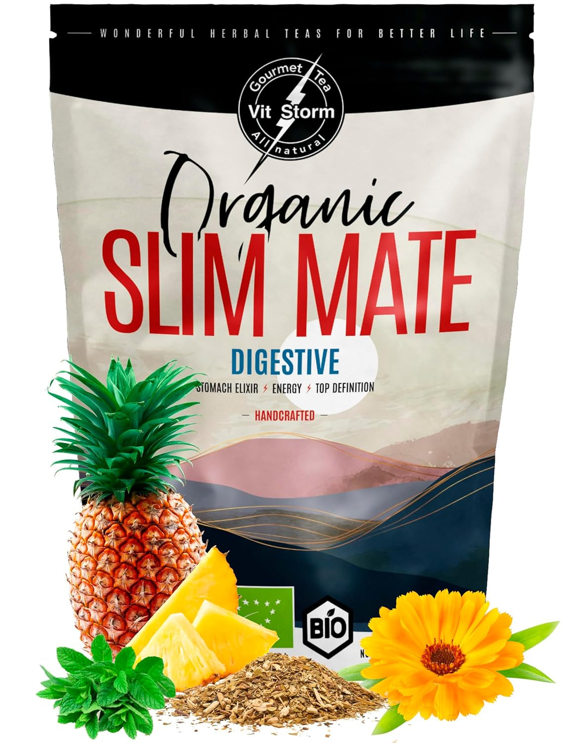 VITSTORM® Slim Tea Kardamom – BIO čaj Yerba Mate – Detoxikační a diuretický čaj – 100G