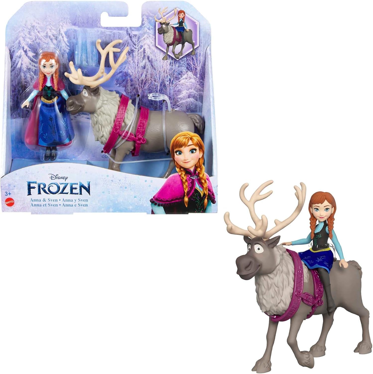 Mattel DISNEY Panenka Ledová královna Anna a Sven a figurka zvířete inspirovaná animovanými postavičkami, pohyblivé končetiny, odnímatelná sukně a pláštěnka, od 3 let, HLX03 Naty Shop panenky s čepicí