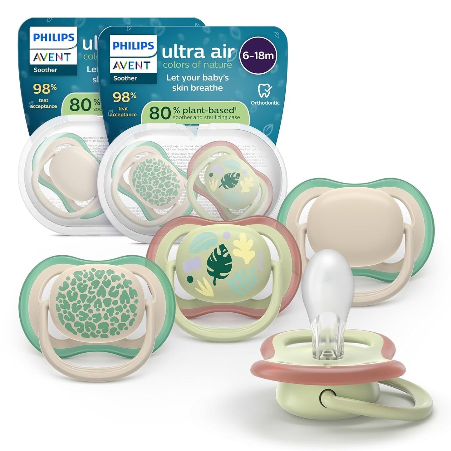 Dudlíky Philips AVENT ultra air - balení 4ks prodyšných dudlíků bez BPA pro miminka 6-18 měsíců, včetně pouzdra na přenášení a sterilizace, vzor želva/velryba (model SCF085/66)