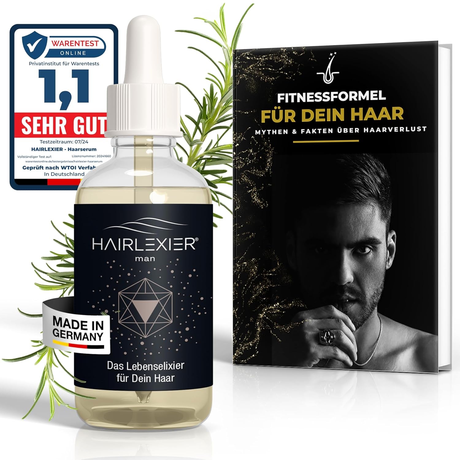Hairlexier přípravek na růst vlasů pro ženy - Rozmarýnový vlasový olej, ricinový olej na vlasy, levandulový olej, přírodní vlasové sérum proti difúznímu vypadávání vlasů, podporuje růst vlasů, Veganské a organické + Pracovní sešit Péče o vlasy Naty Shop Men