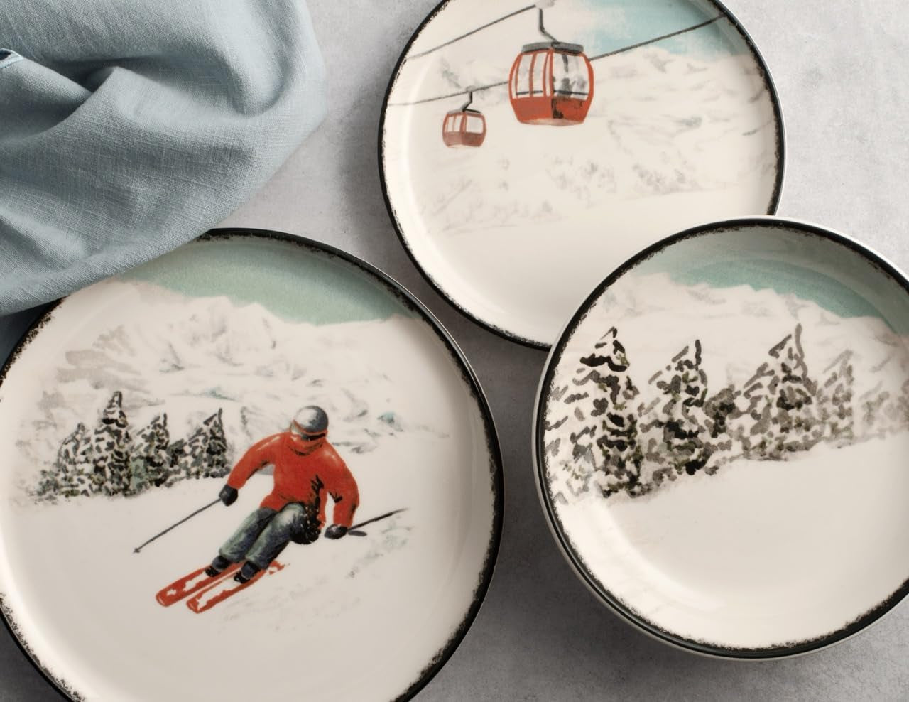 Winter Escape 12dílná sada vánočního nádobí z kameniny – design Nordic Winter Skier – Vhodné do myčky a mikrovlnné trouby