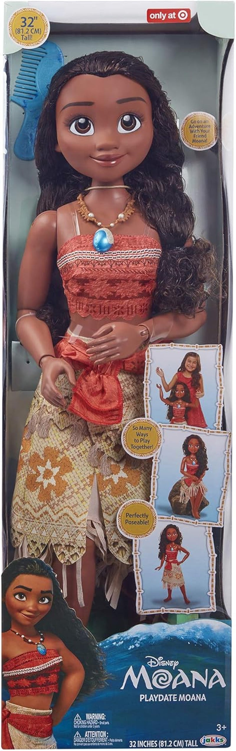 Disney Princess Vaiana, 80 cm velká loutka z Jakks Pacific, bewegliche loutka, mit Bürste zum Kämmen ihrer welligen Locken, vom Kleid inspirovaný filmem, abnehmbare Halskette mit Anhänger