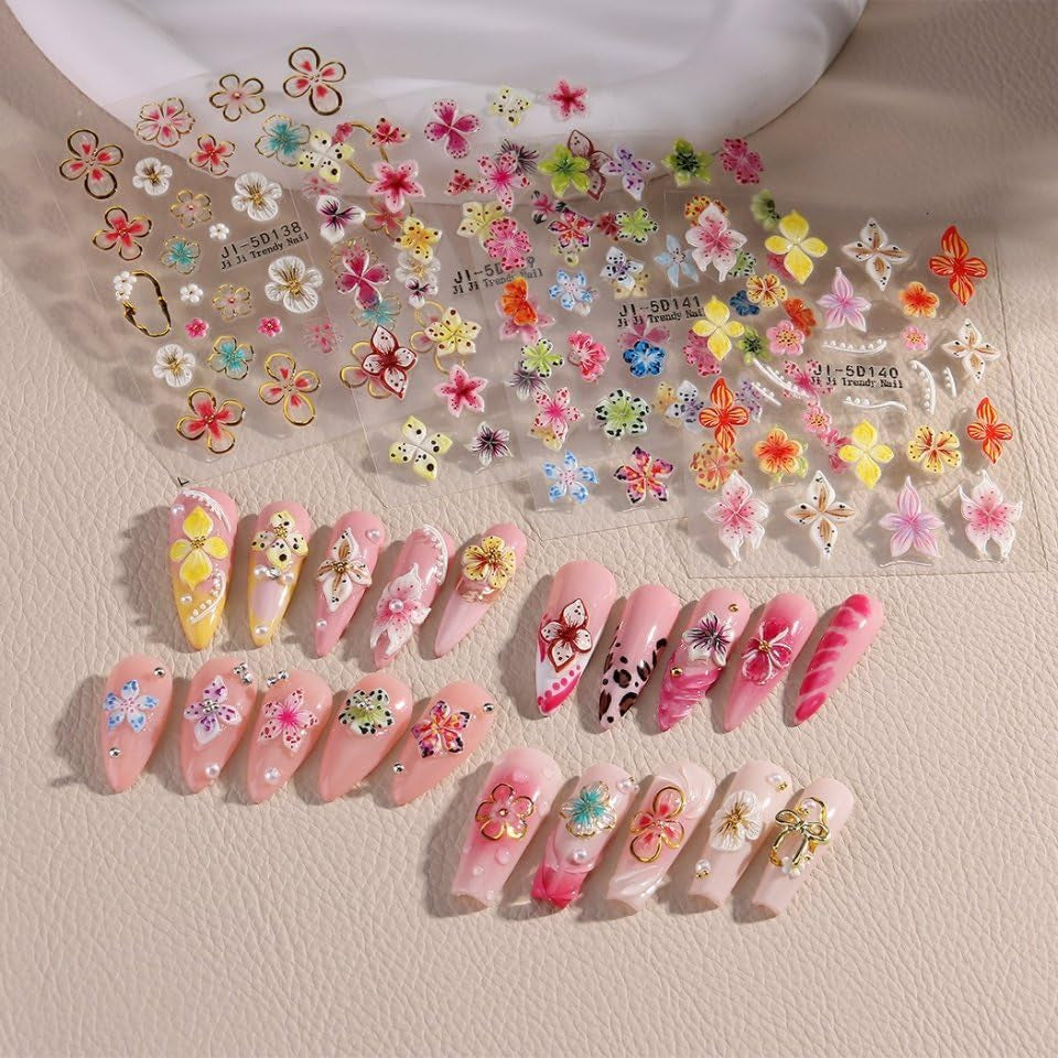 JMEOWIO 3D Nálepka na nehty Colorful Flower Nail Art Nálepka Selbstklebend Nagelaufkleber 5D Stereoskopické Jaro Léto Květinová dekorace Nageldesign Zubehör 4 Blatt