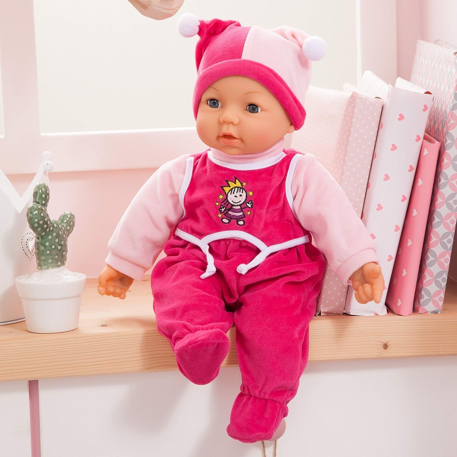 Funktionspuppe Hello Baby mit Geräuschen, bewegt den Mund, interaktive Puppe, Babypuppe, mit Zubehör, 46cm, růžová