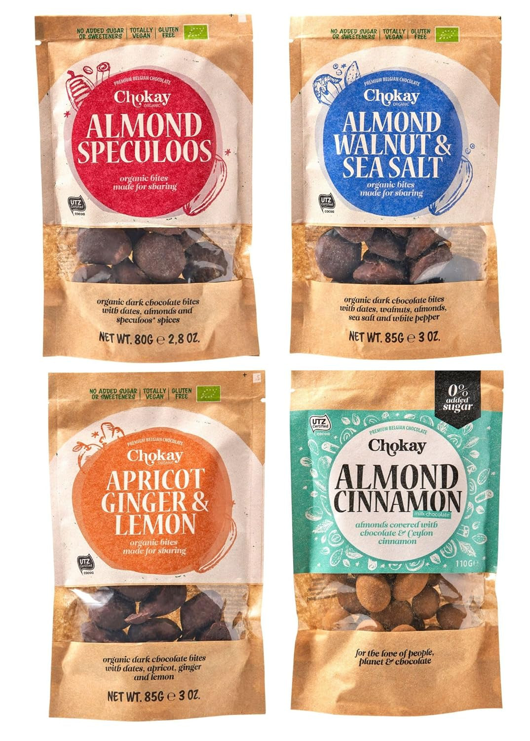 Sada 4 bio kousků - skořicové mandle/skořicové mandle v belgické hořké čokoládě/bez přidaného cukru, bez sladidel/VEGAN & FAIR TRADE / 4 x 85g