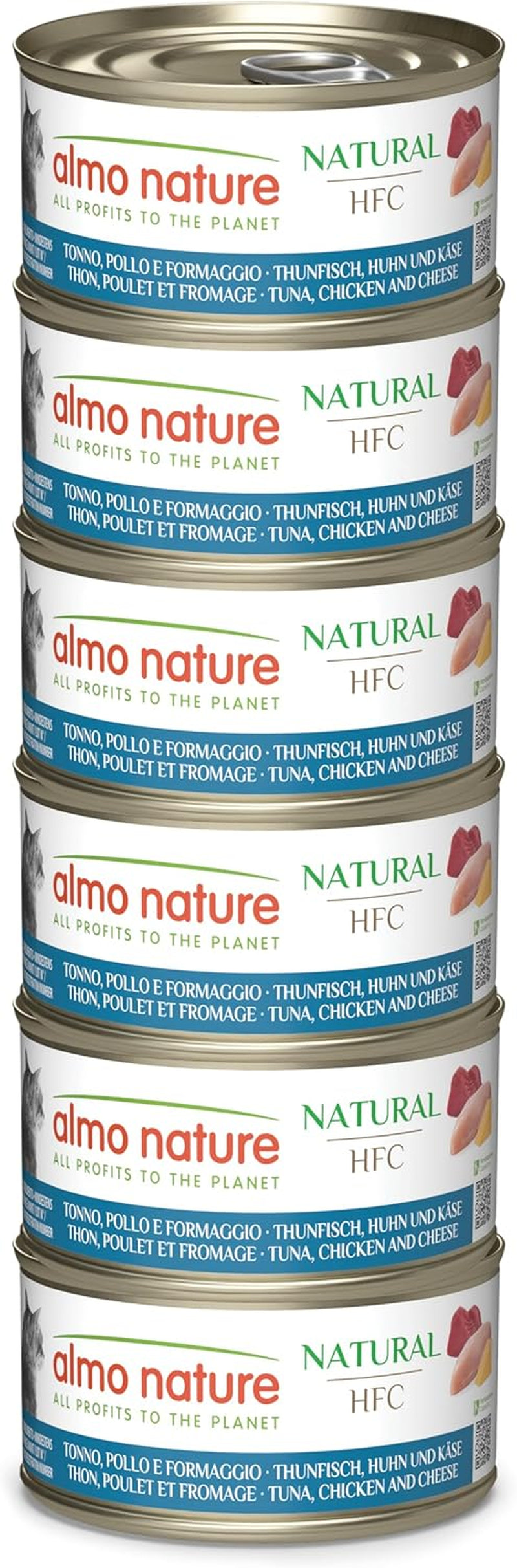 Almo Nature HFC Natural - Mokré krmivo pro dospělé kočky - tuňák, kuře a sýr - lidská kvalita, bez lepku - 6 x 70 g