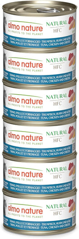 Almo Nature HFC Natural - Mokré krmivo pro dospělé kočky - tuňák, kuře a sýr - lidská kvalita, bez lepku - 6 x 70 g