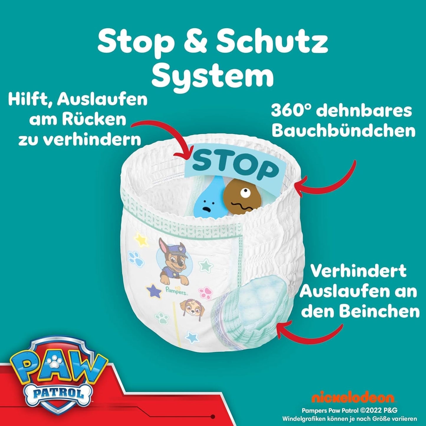 Pampers Baby Dry Pants Diaper Patrol Puppy Edition, velikost 5, plenky 160, 11 kg - 17 kg, nastavení 360° se zarážkou a ochranným systémem