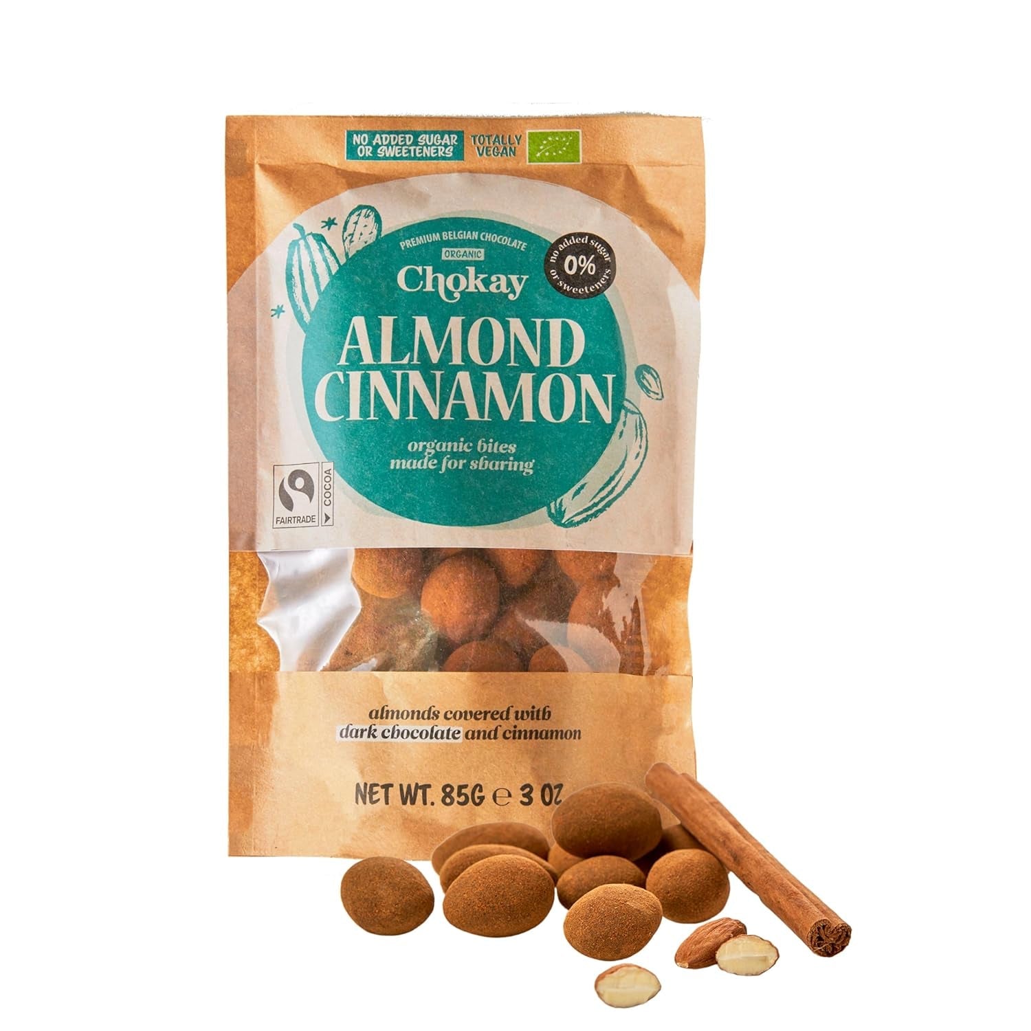 Bio Bites - skořicové mandle a tmavé belgické čokoládové mandle / bez přidaného cukru, bez sladidel / veganské a Fair Trade / 1 x 85 g