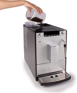 Melitta Solo & Milk - plně automatický tenký kávovar s napěňovačem mléka, kávovar s vyjímatelnou nádržkou na vodu, kupř. káva nebo cappuccino, stříbro