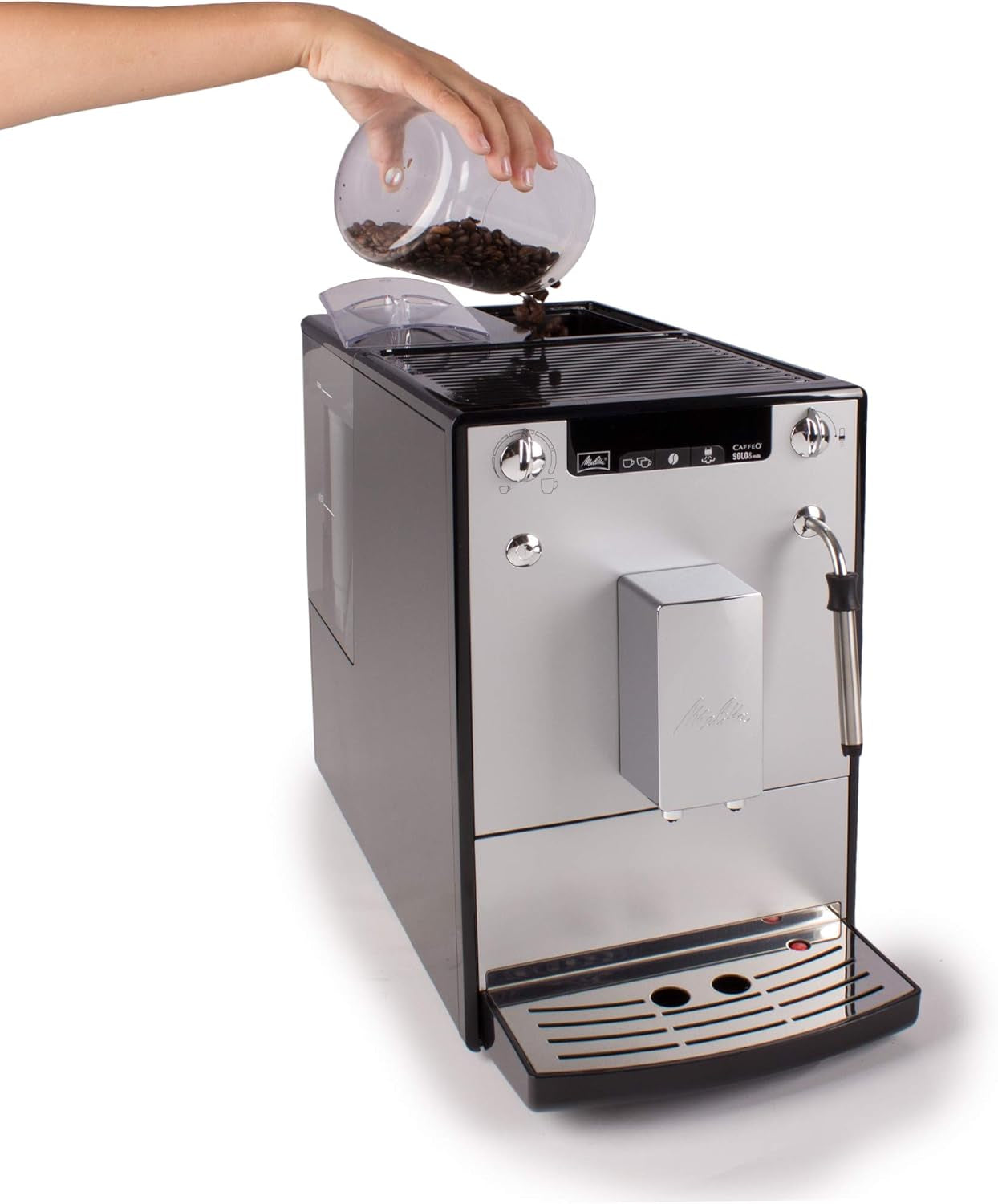 Melitta Solo & Milk - plně automatický tenký kávovar s napěňovačem mléka, kávovar s vyjímatelnou nádržkou na vodu, kupř. káva nebo cappuccino, stříbro