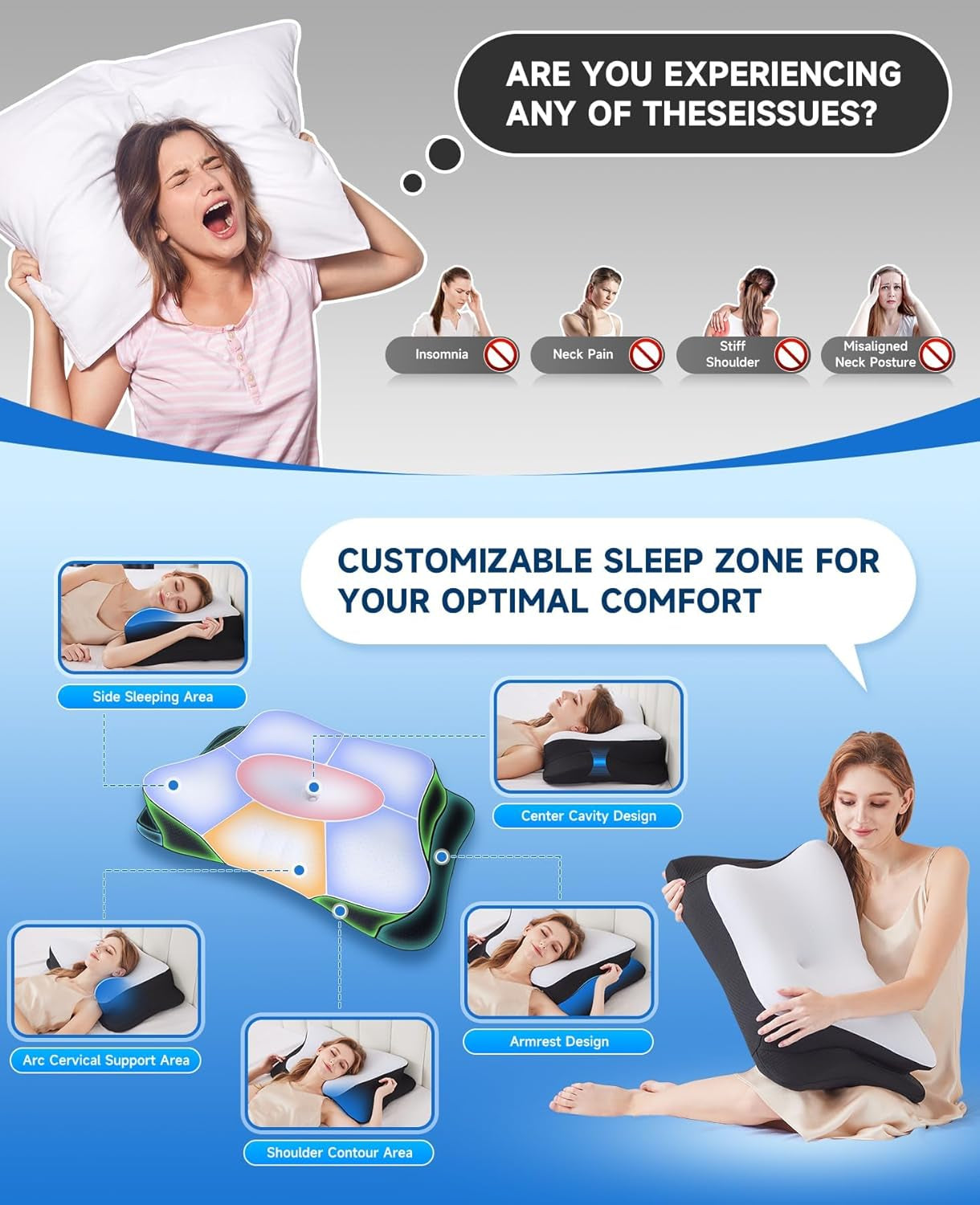 SUPA MODERN Memory Foam Polštář Boční Spací Chladivý Polštář 60X40 Ortopedický Zadní Strana Žaludek Krční Polštář Úleva od bolesti Krční Polštář Ortopedické Krční Polštáře Naty Shop