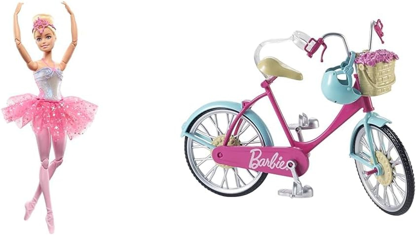 Dreamtopia Magic Light Ballerina Panenka Barbie s růžovým Tutu a blond vlasy, 5 světelných a zvukových efektů, pohyblivá Barbie, od 3 let, HLC25 Naty Shop Dolls Bicycle Bundle Blond hair