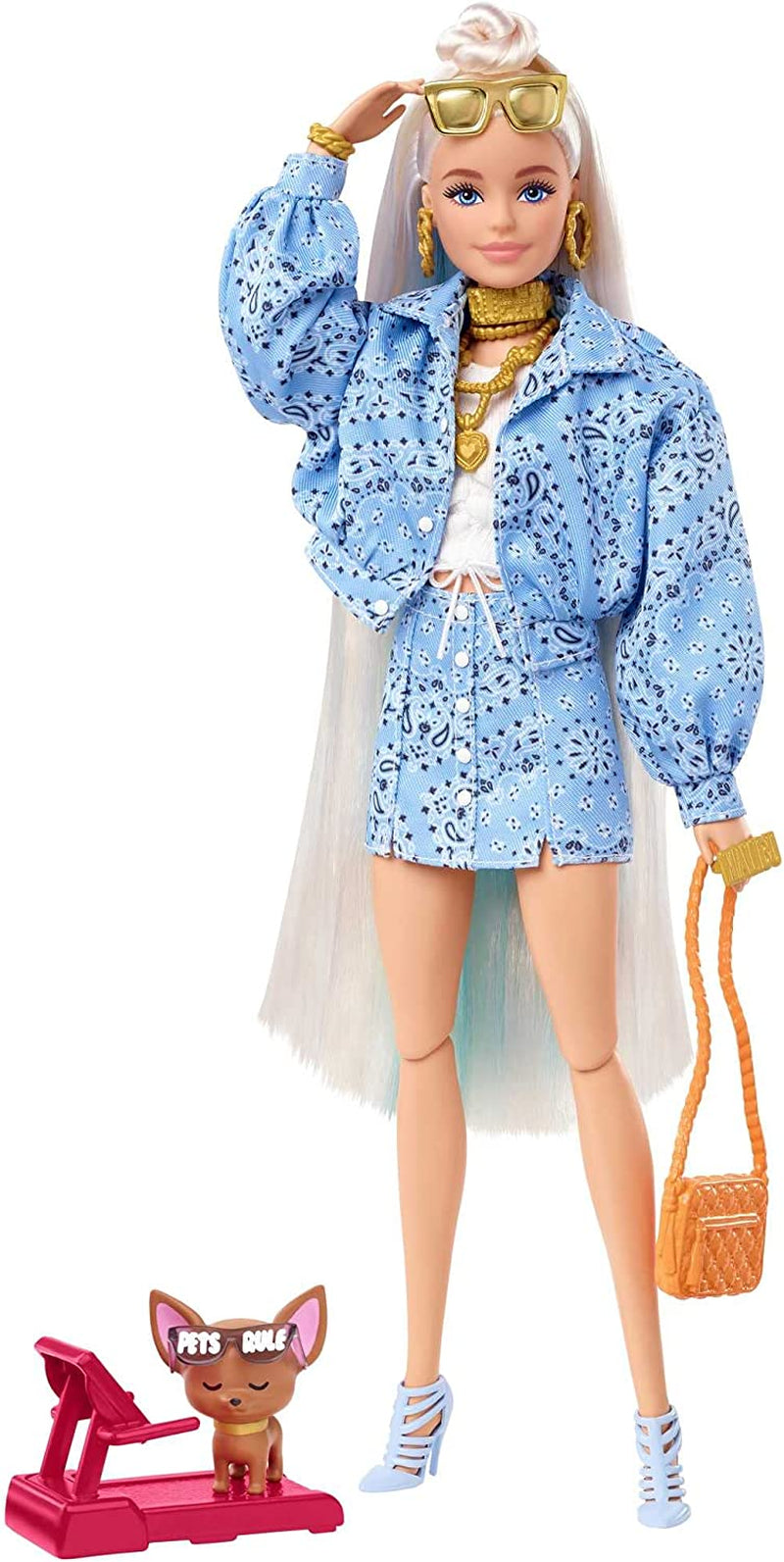 Barbie HDJ46 - Extra panenka v šatech s basketbalovým dresem a doplňky, mazlíček Corgi, extra dlouhé kudrnaté vlasy s růžovými pramínky a ohebnými klouby, dárková hračka pro děti 3+ Naty Shop Dolls 0