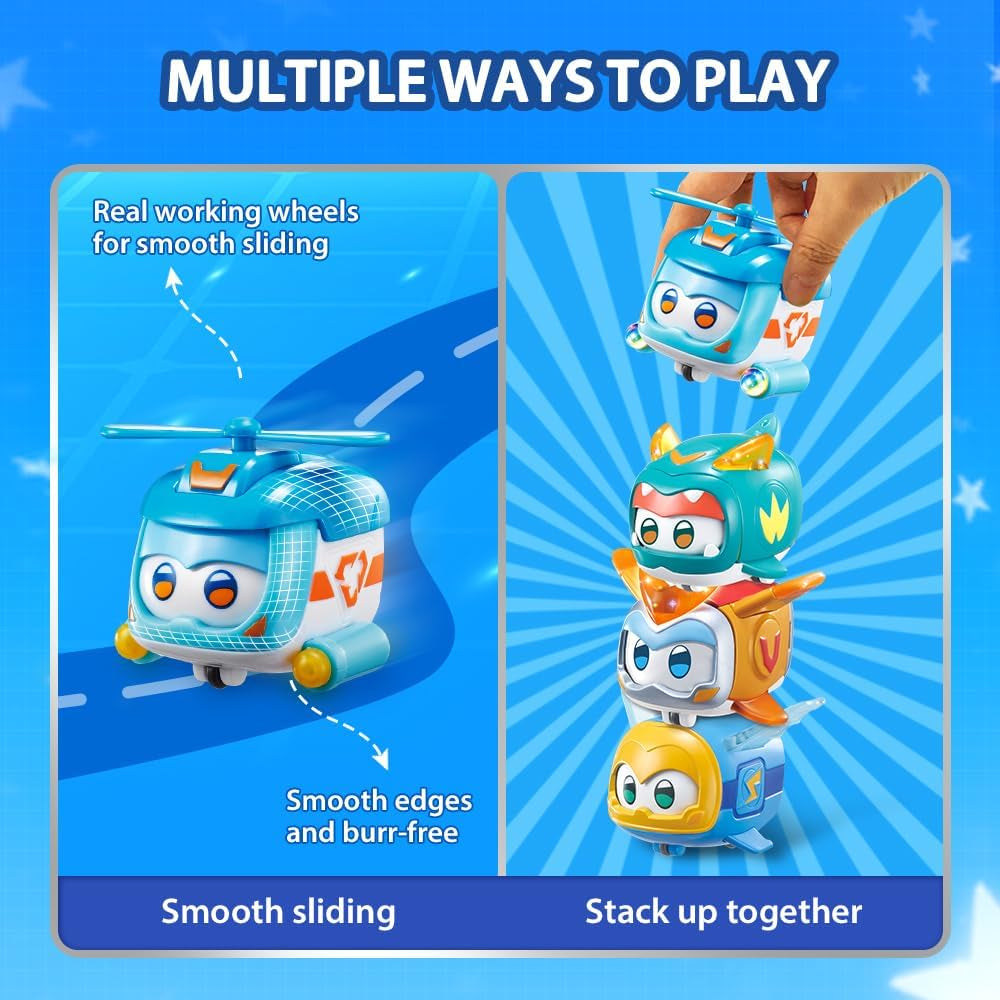 Super Wings Super Pets 4 KS Shine, Golden Boy, Jerome, Ellie Přenosná hračka s přepínatelným výrazem obličeje Bleskový efekt pro 3 4 5 6 7 8letého chlapce Dívka 2palcové akční figurky Naty Shop