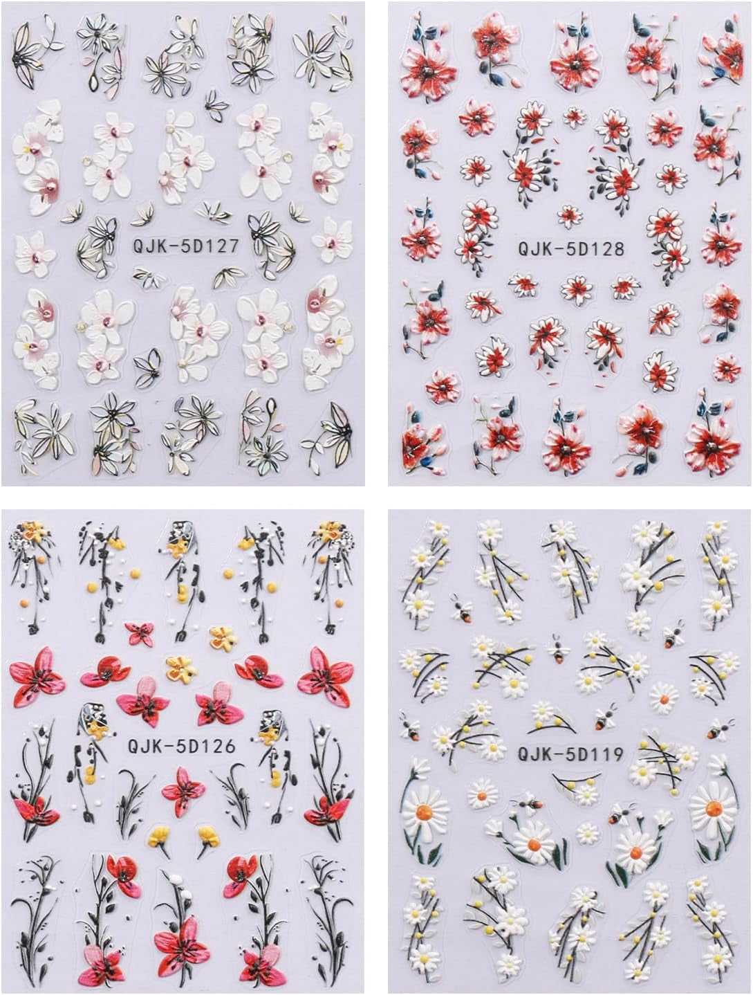 JMEOWIO 3D Nálepka na nehty Blumen Nálepka na nehty Selbstklebend Nagelaufkleber 5D Stereoskopické jarní letní dekorace Nageldesign Zubehör 4 Blatt