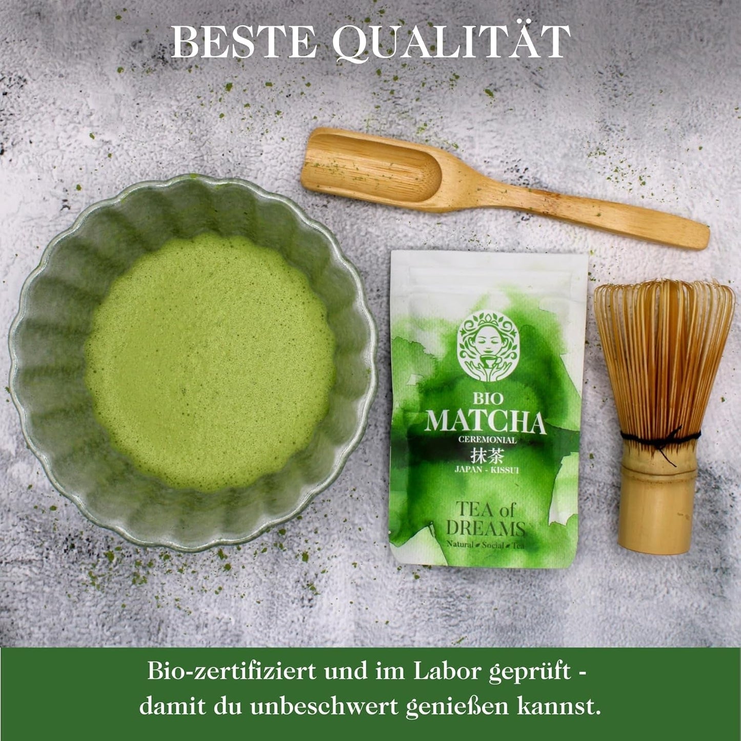 Organický prášek Matcha na čaj a Matcha Latte – prémiová obřadní kvalita z Japonska – originální zelený čaj Kissui – 30 g