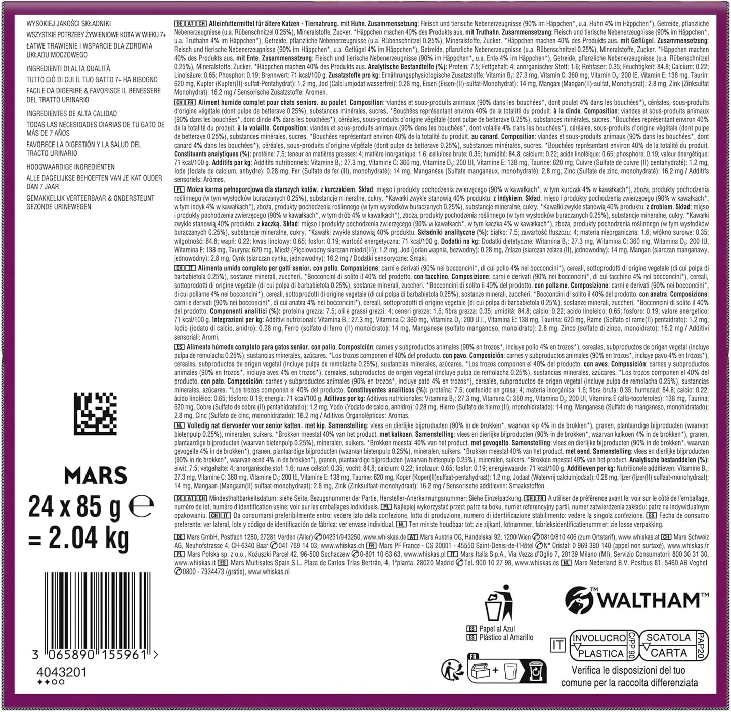 Whiskas 7+ Mokré krmivo pro kočky Výběr z drůbeže v omáčce 24 x 85 g (2 balení) - Vysoce kvalitní mokré krmivo od 7 let ve 48 porcích