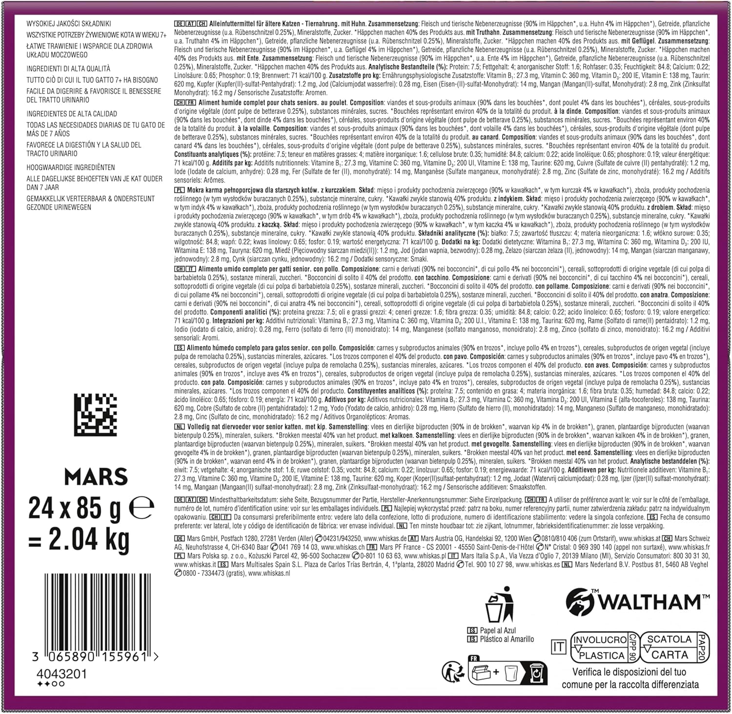 Whiskas 7+ Mokré krmivo pro kočky Výběr z drůbeže v omáčce 24 x 85 g (2 balení) - Vysoce kvalitní mokré krmivo od 7 let ve 48 porcích