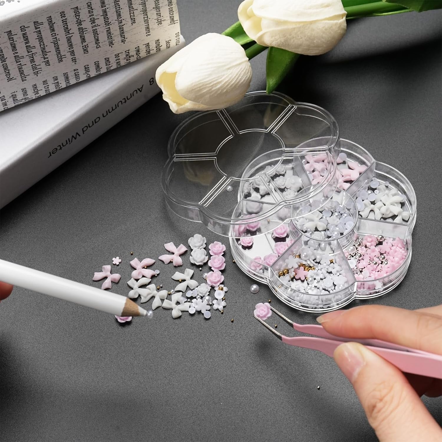 3D kouzla na nehty, kouzla na nehty Schleifen, Blumen Und Perlen, kouzla Nagel Aus Harz, sady Nageldekorations, DIY kouzla Nägel, Nagelanhänger