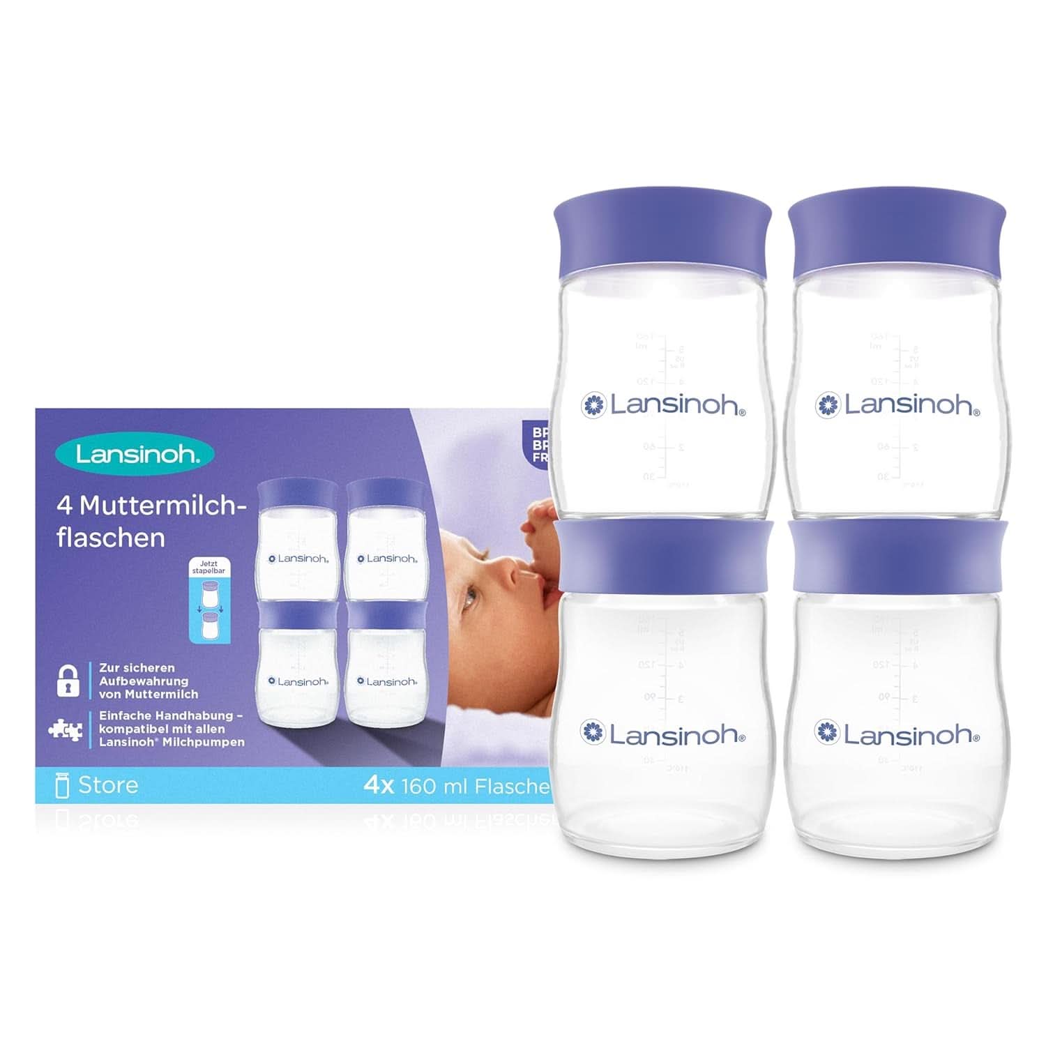 Lansinoh Muttermilchflaschen, 4 X 160 Ml - Zur Sicheren Muttermilch Austellungen - Neues Kompaktes Design Für Verbesserte Stabilität - Mit Stapelbarem Deckel Příslušenství Jídlo a kojení Bebe Naty Shop