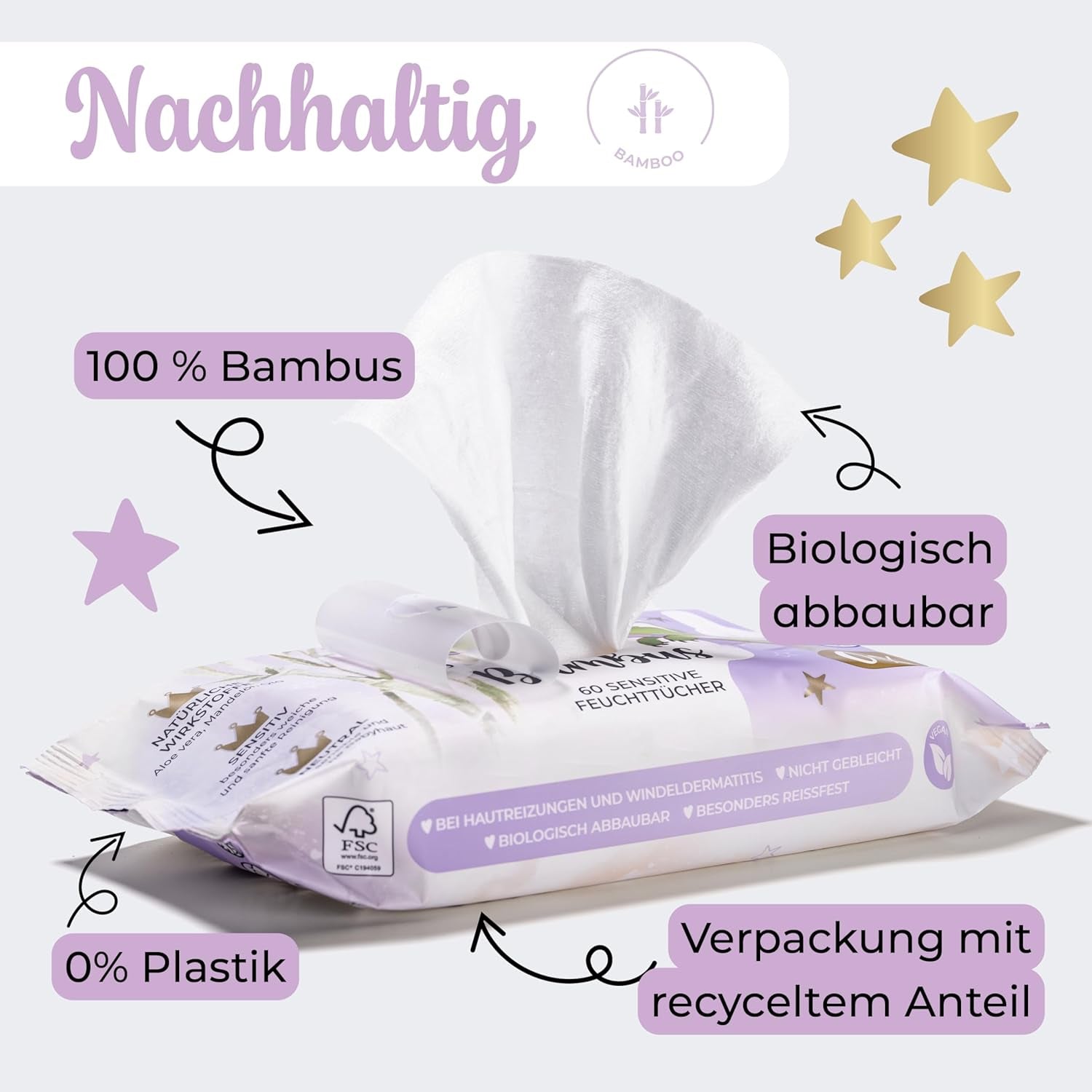 Millis Bamboo Baby Sensitive vlhčené ubrousky pro jemnou dětskou pokožku - 5 x 60 kusů - Přírodní, šetrné a udržitelné čištění - Biologicky odbouratelné dětské ubrousky, bez plastů a alkoholu