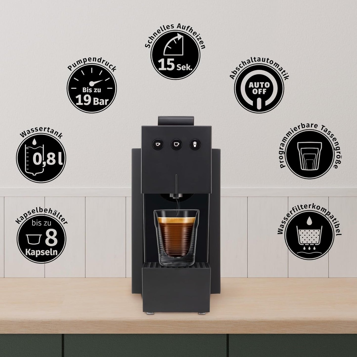 Espresso kávovar s kapslemi K-FEE SQUARE na kávu, čaj a kakao | Kompaktní espresso | Rychlý ohřev | Nádrž na vodu 0,8 l | 19 barů | Klavírní černá