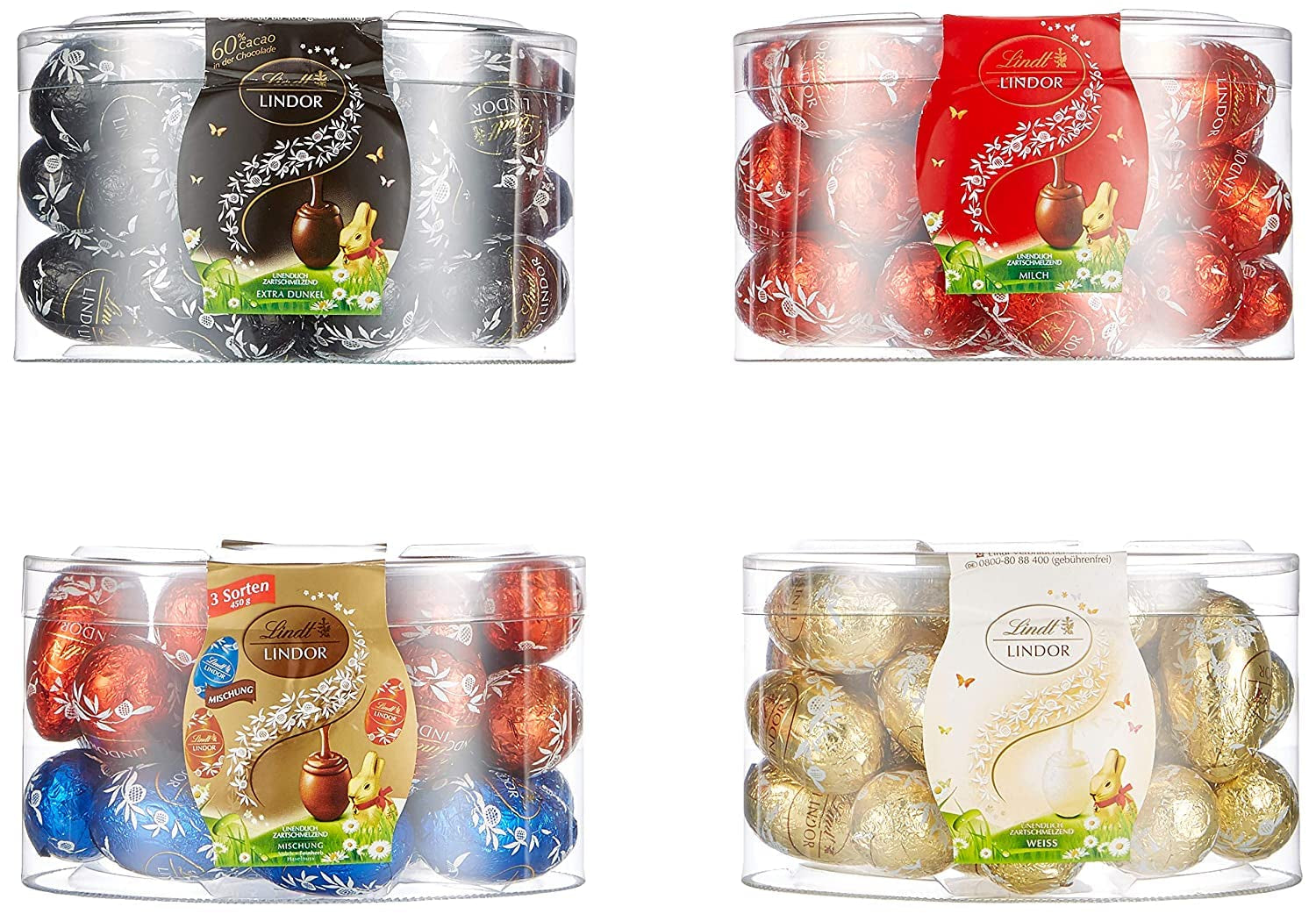 Vejce LINDOR s čokoládou Lindt | 4 krabice po 450 g | Vejce LINDOR s mléčnou čokoládou rozpouštějící se v ústech, bílou, tmavou a oříškovou náplní | Velikonoční čokoláda | Čokoládový dárek | Velikonoční vajíčka | Čokoládová vajíčka
