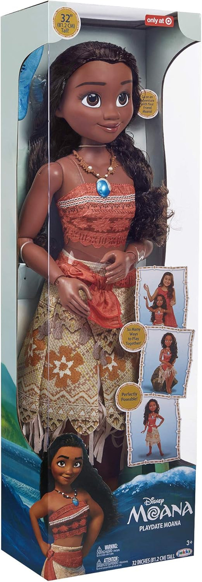 Disney Princess Vaiana, 80 cm velká loutka z Jakks Pacific, bewegliche loutka, mit Bürste zum Kämmen ihrer welligen Locken, vom Kleid inspirovaný filmem, abnehmbare Halskette mit Anhänger