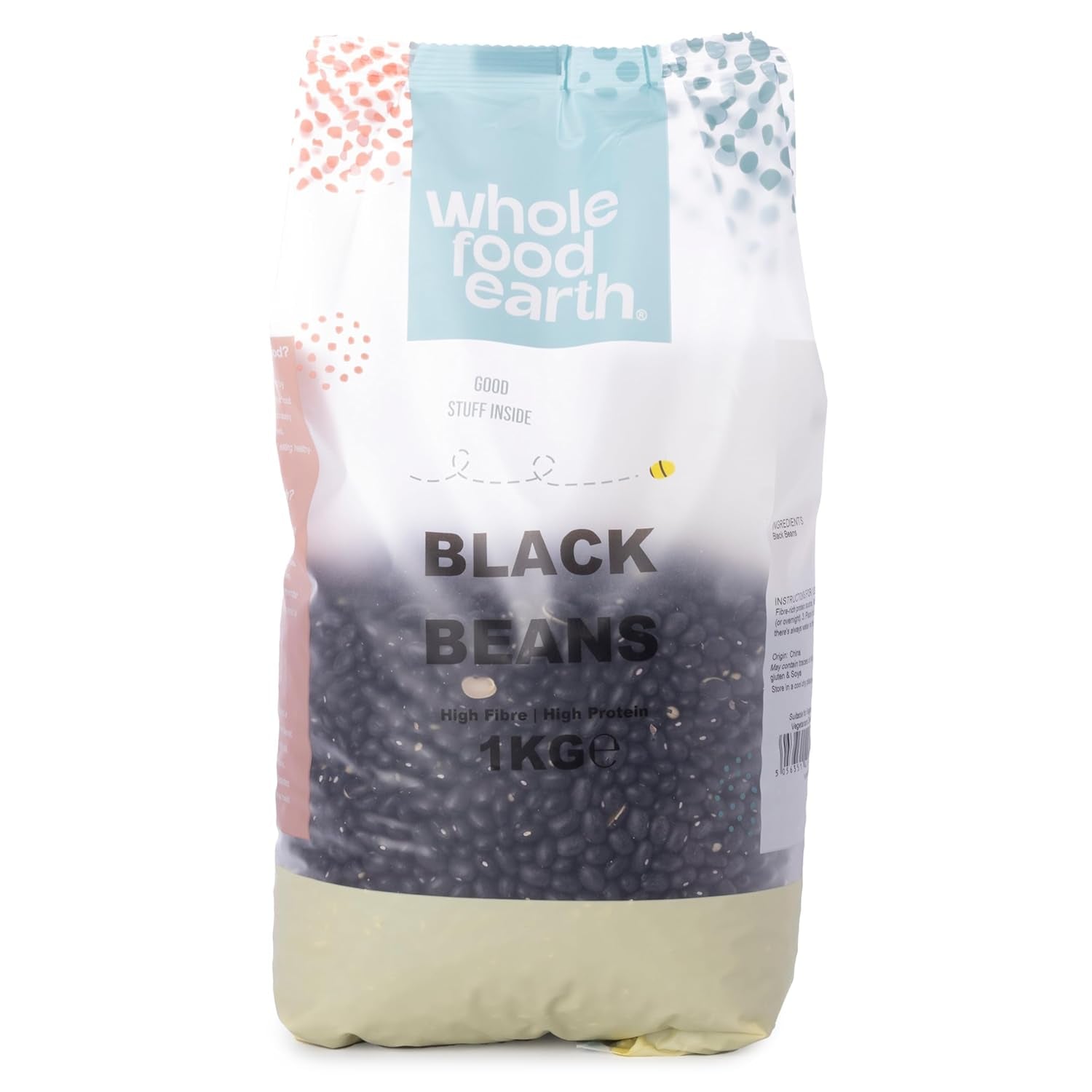 Černé fazole Wholefood Earth 1 kg non-GMO Natural s vysokým obsahem vlákniny s vysokým obsahem bílkovin